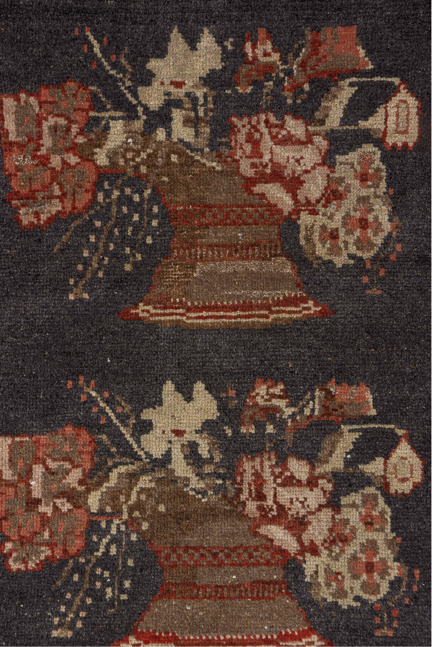 2' x 8' one-of-a-kind handmade vintage Oushak runner rug. Color palette: black, brown, charcoal, gray, off-white, pink, red