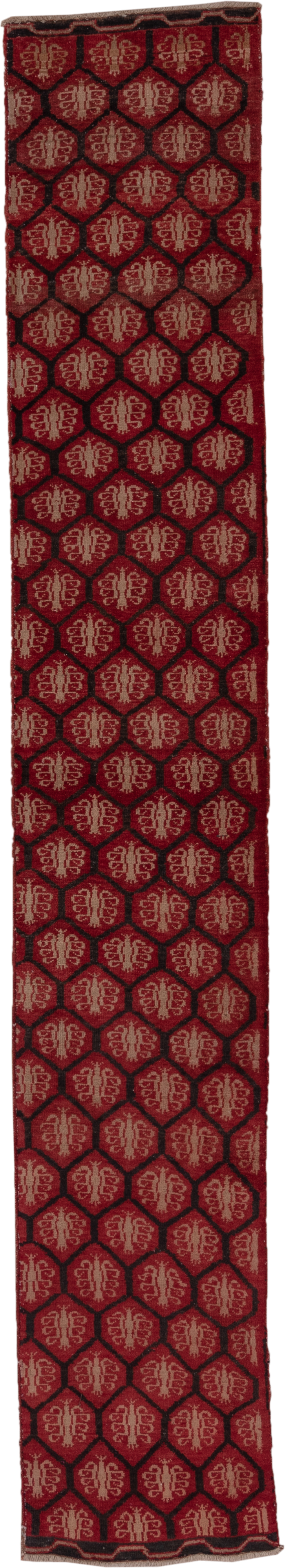 2' x 12' one-of-a-kind handmade antique Oushak runner rug. Color palette: red, burgundy, ivory, charcoal, rose, gray, black
