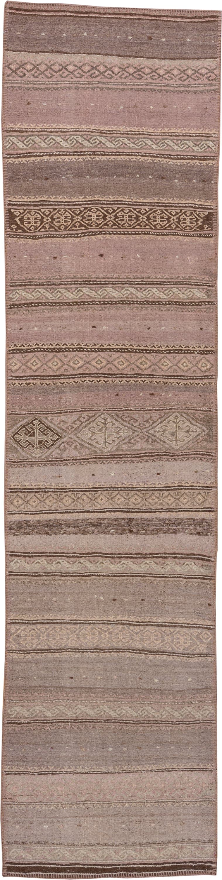 2' x 10' one-of-a-kind handmade vintage Kilim runner rug. Color palette: taupe, dusty rose, brown, ivory, mauve, charcoal