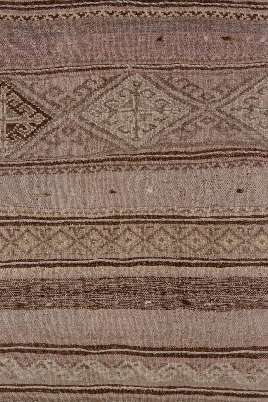 2' x 10' one-of-a-kind handmade vintage Kilim runner rug. Color palette: taupe, dusty rose, brown, ivory, mauve, charcoal