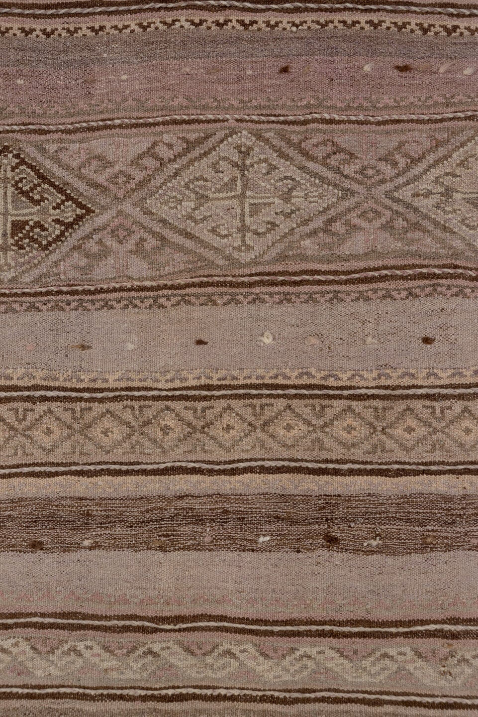 2' x 10' one-of-a-kind handmade vintage Kilim runner rug. Color palette: taupe, dusty rose, brown, ivory, mauve, charcoal