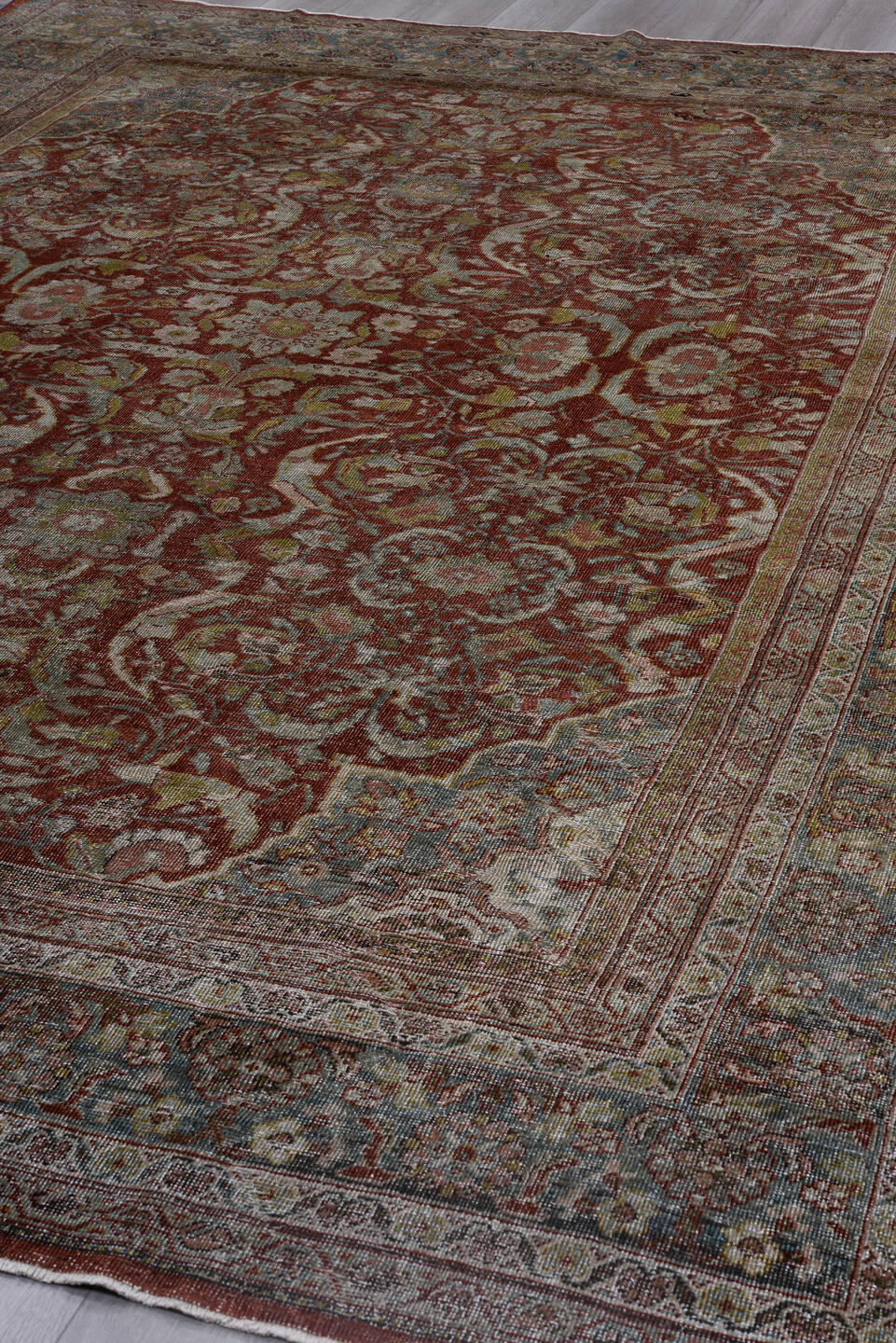 8' x 12' one-of-a-kind handmade vintage Mahal large size rug. Color palette: black, blue, brown, burgundy, charcoal, fiord