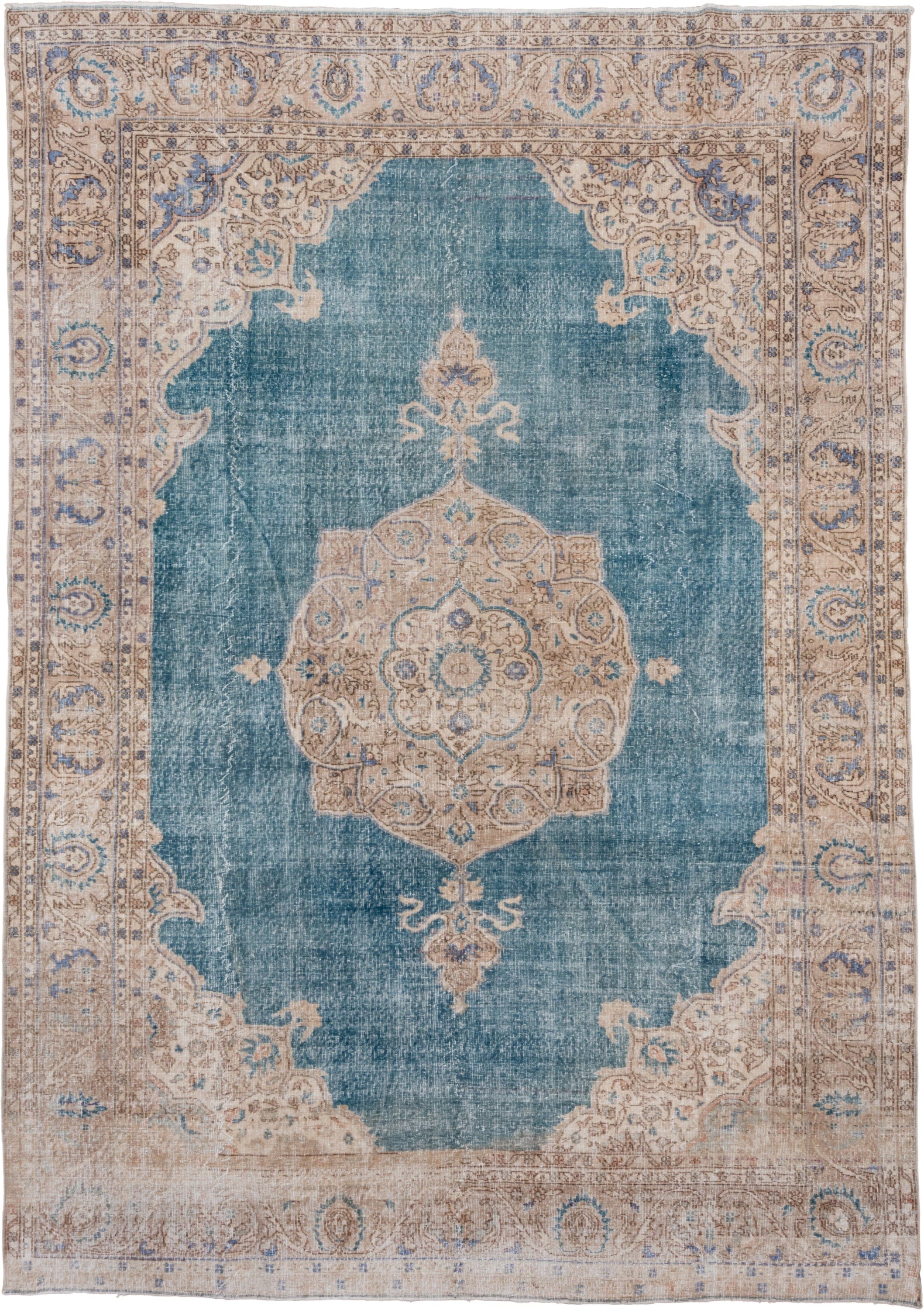 8' x 11' one-of-a-kind handmade vintage Oushak large size rug. Color palette: aqua, ivory, beige, sky blue, taupe, camel