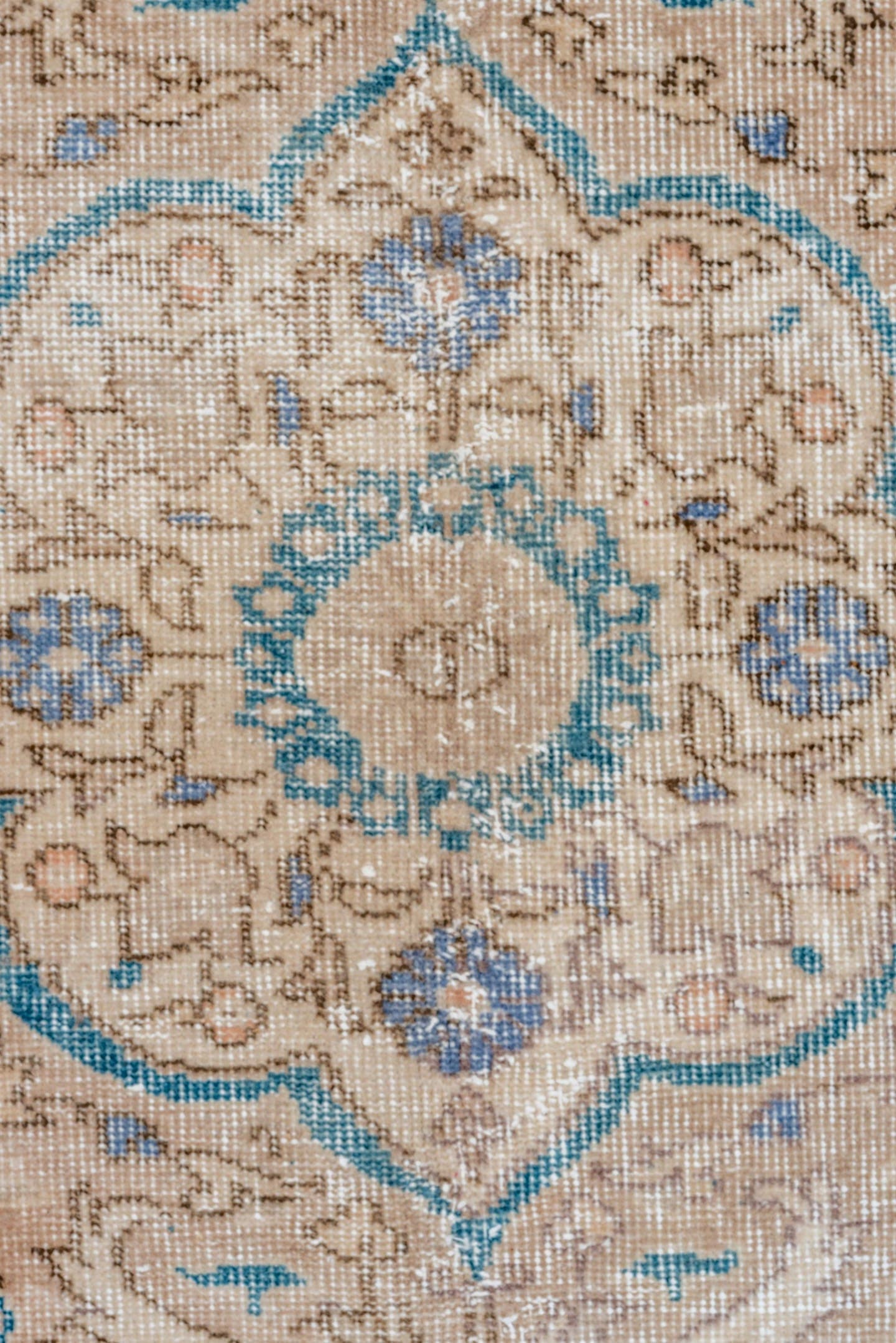 8' x 11' one-of-a-kind handmade vintage Oushak large size rug. Color palette: aqua, ivory, beige, sky blue, taupe, camel