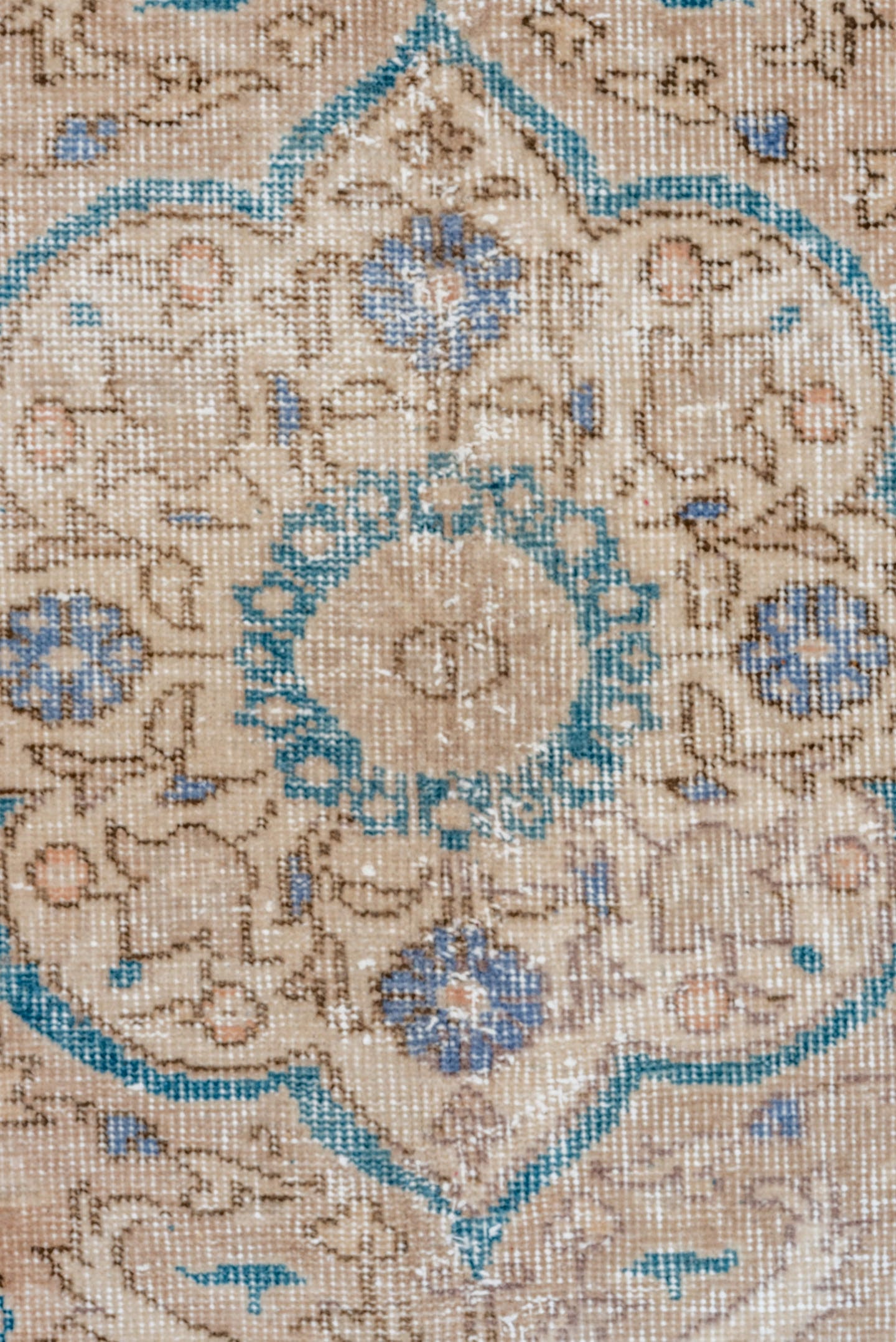 8' x 11' one-of-a-kind handmade vintage Oushak large size rug. Color palette: aqua, ivory, beige, sky blue, taupe, camel