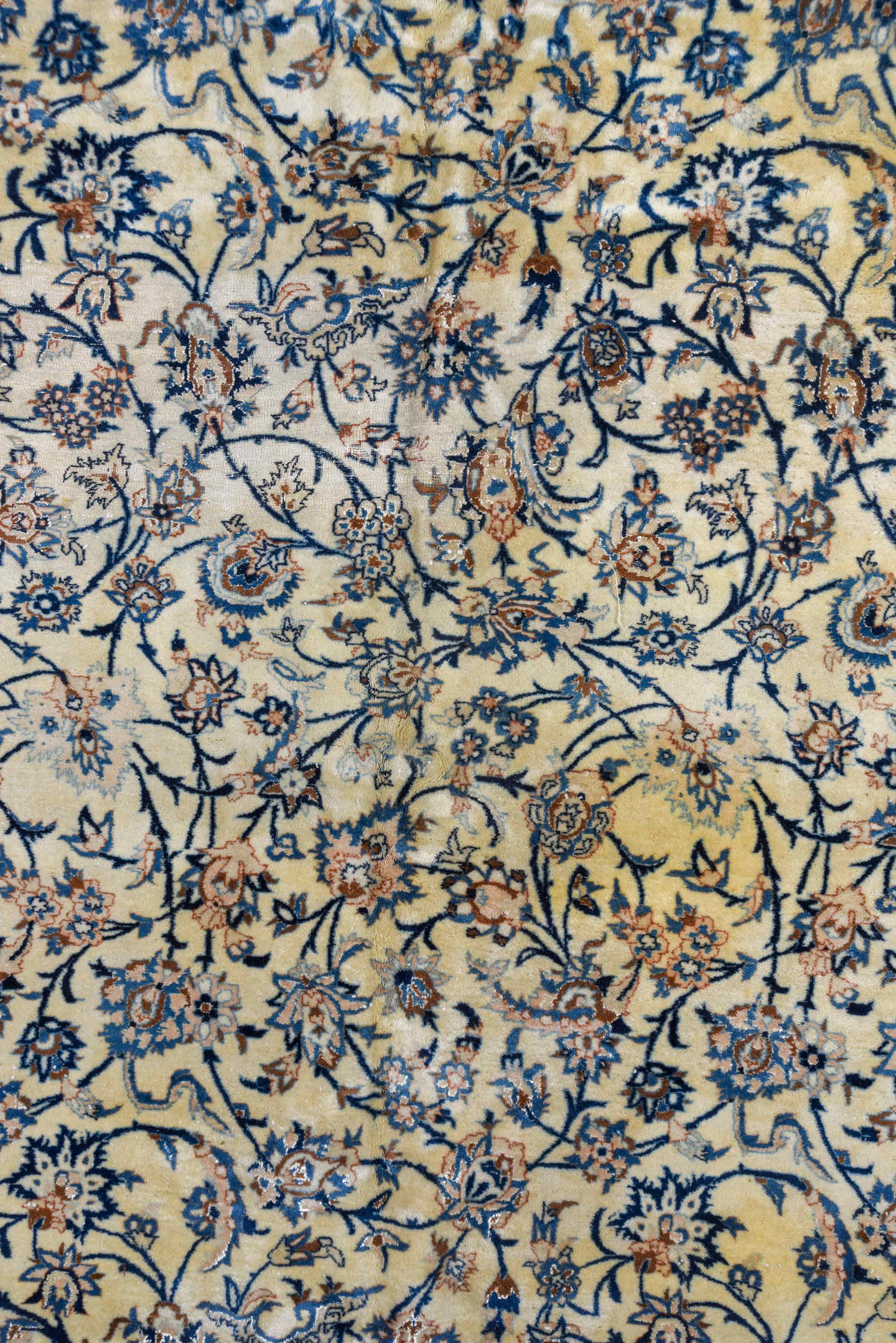 13' x 19' one-of-a-kind handmade vintage Naiin oversize rug. Color palette: ivory, blue, navy, beige, camel, taupe, gray