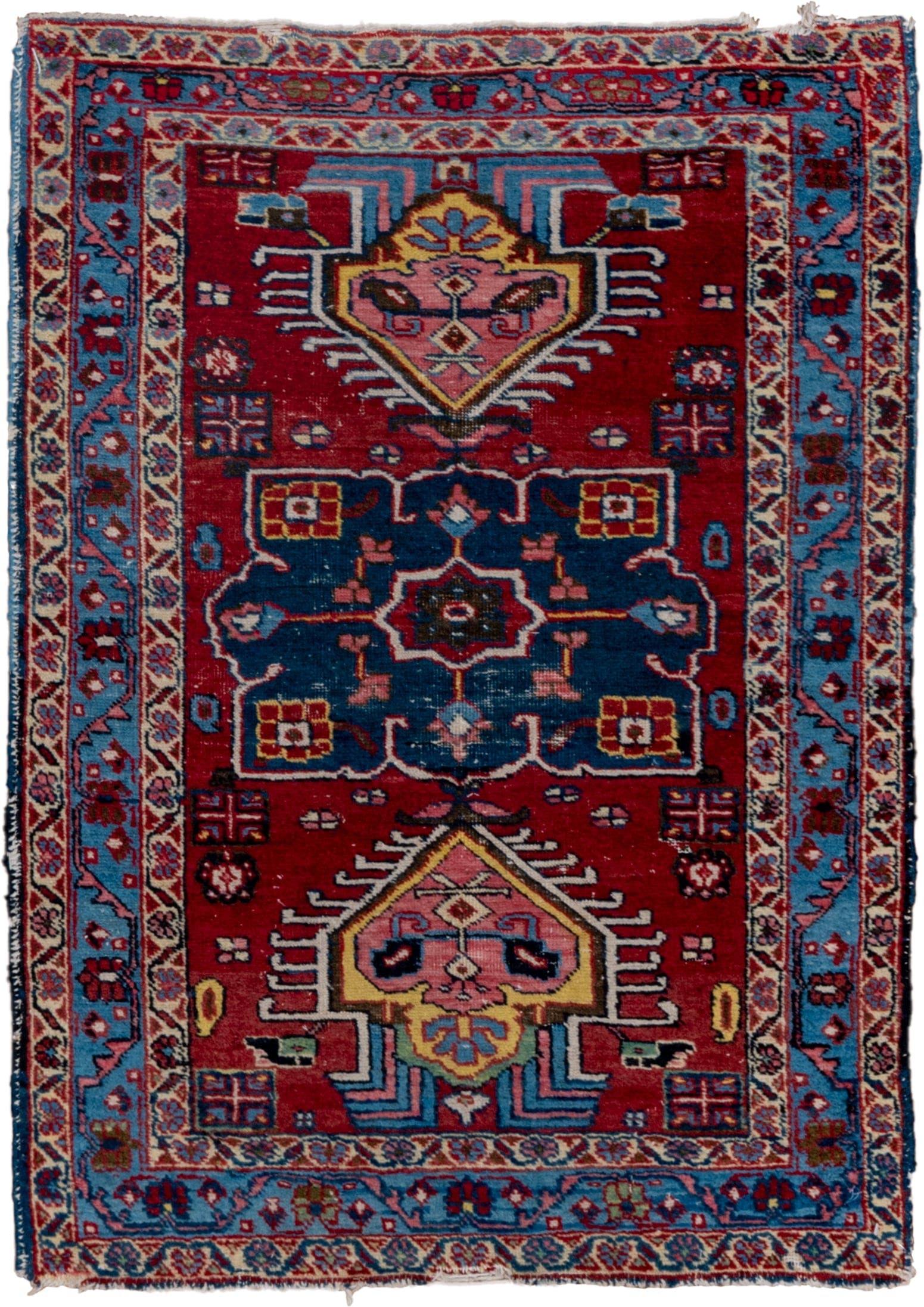 2' x 3' one-of-a-kind handmade antique Heriz small size rug. Color palette: red, sky_blue, ivory, navy, pink, gold, black