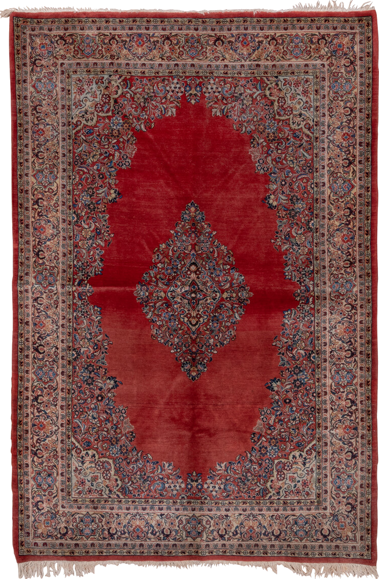 6' x 9' one-of-a-kind handmade vintage Sarouk medium size rug. Color palette: blue, brown, gray, light gray, off-white, pink