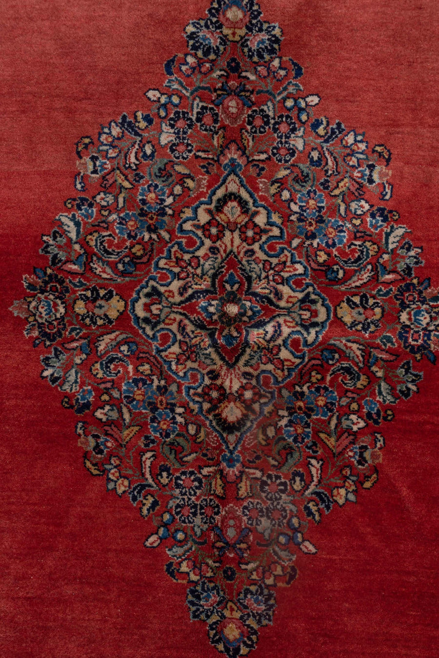 6' x 9' one-of-a-kind handmade antique Sarouk medium size rug. Color palette: red, ivory, navy, rose, slate, rust, camel