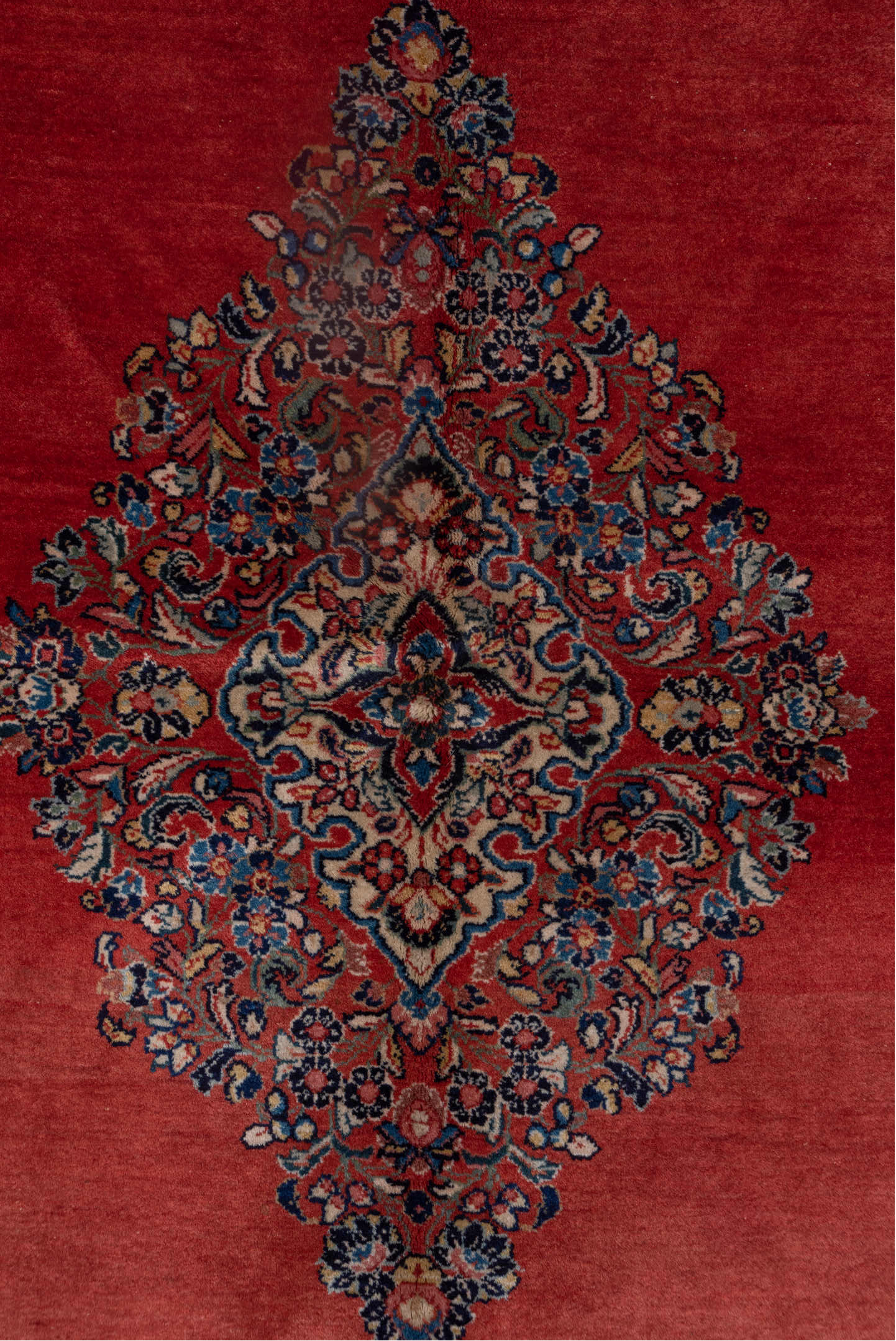 6' x 9' one-of-a-kind handmade antique Sarouk medium size rug. Color palette: red, ivory, navy, rose, slate, rust, camel