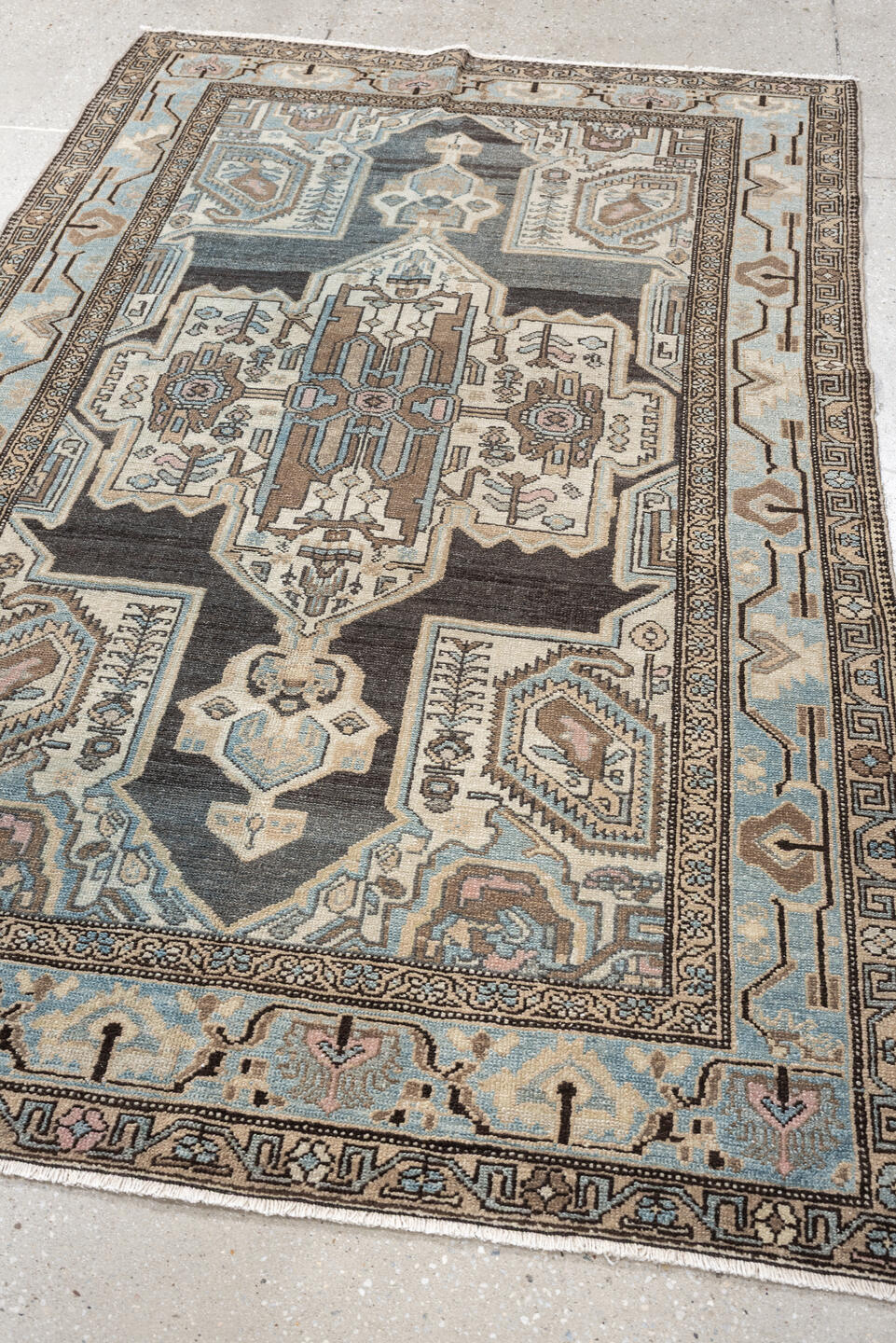 4' x 6' one-of-a-kind handmade antique Malayer rug. Color palette: charcoal, sky blue, ivory, taupe, blush, slate, camel