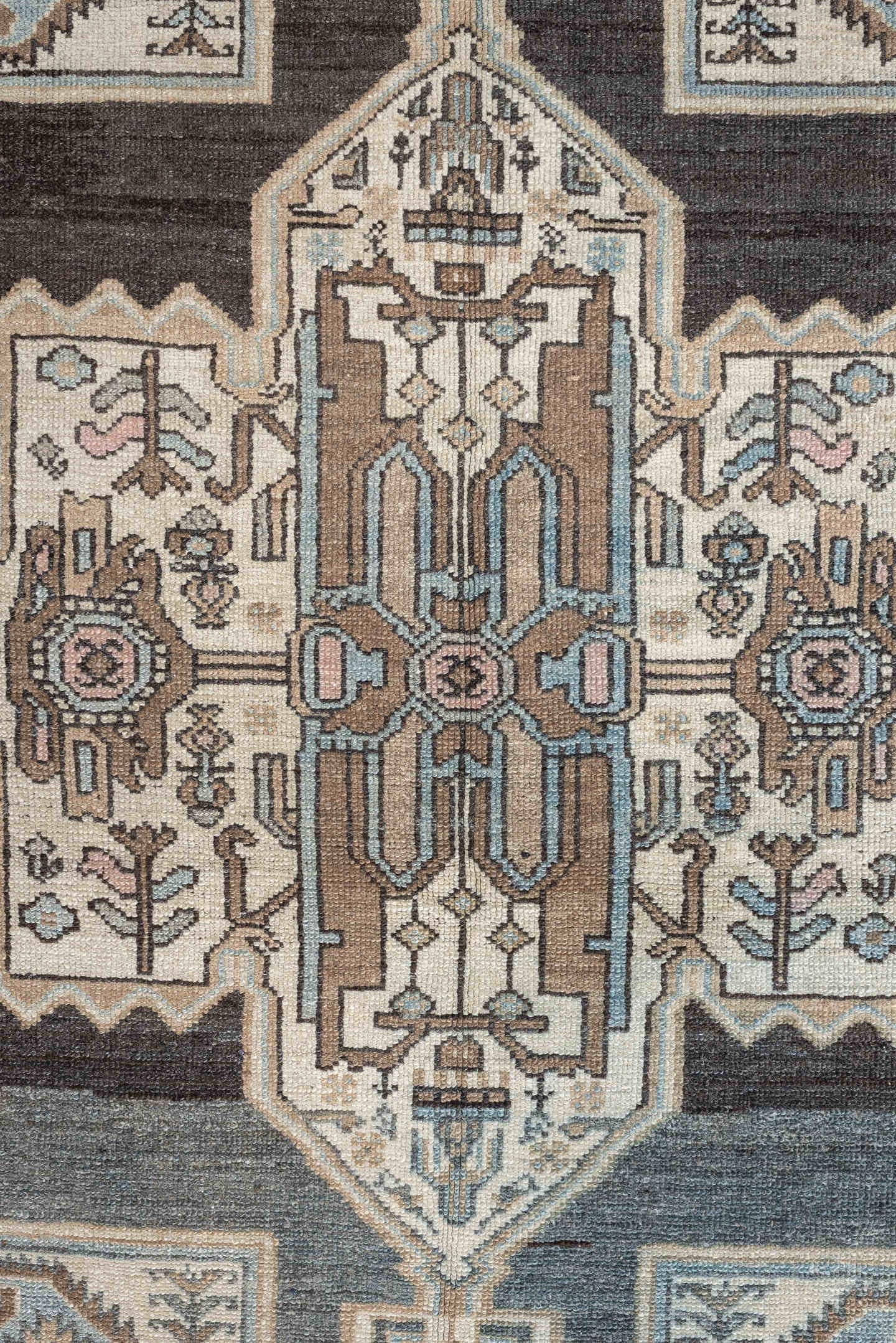 4' x 6' one-of-a-kind handmade antique Malayer rug. Color palette: charcoal, sky blue, ivory, taupe, blush, slate, camel