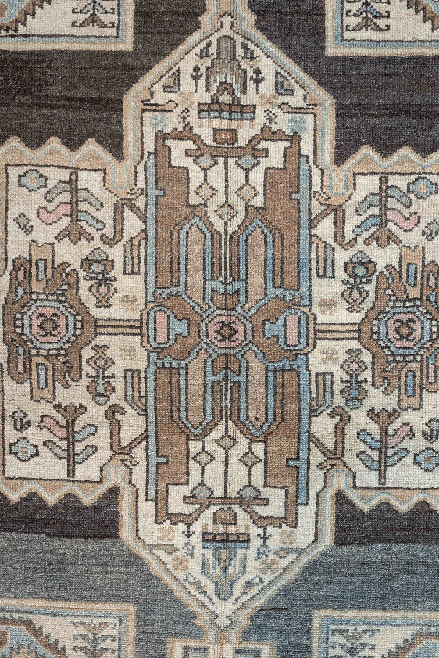 4' x 6' one-of-a-kind handmade antique Malayer rug. Color palette: charcoal, sky blue, ivory, taupe, blush, slate, camel