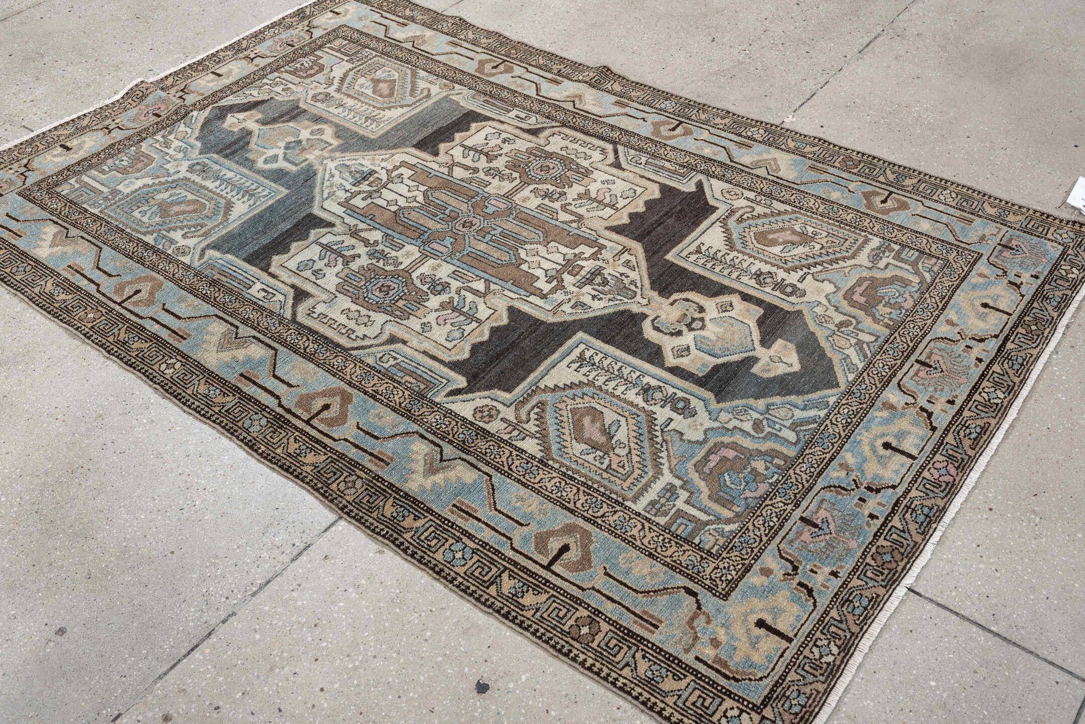 4' x 6' one-of-a-kind handmade antique Malayer rug. Color palette: charcoal, sky blue, ivory, taupe, blush, slate, camel