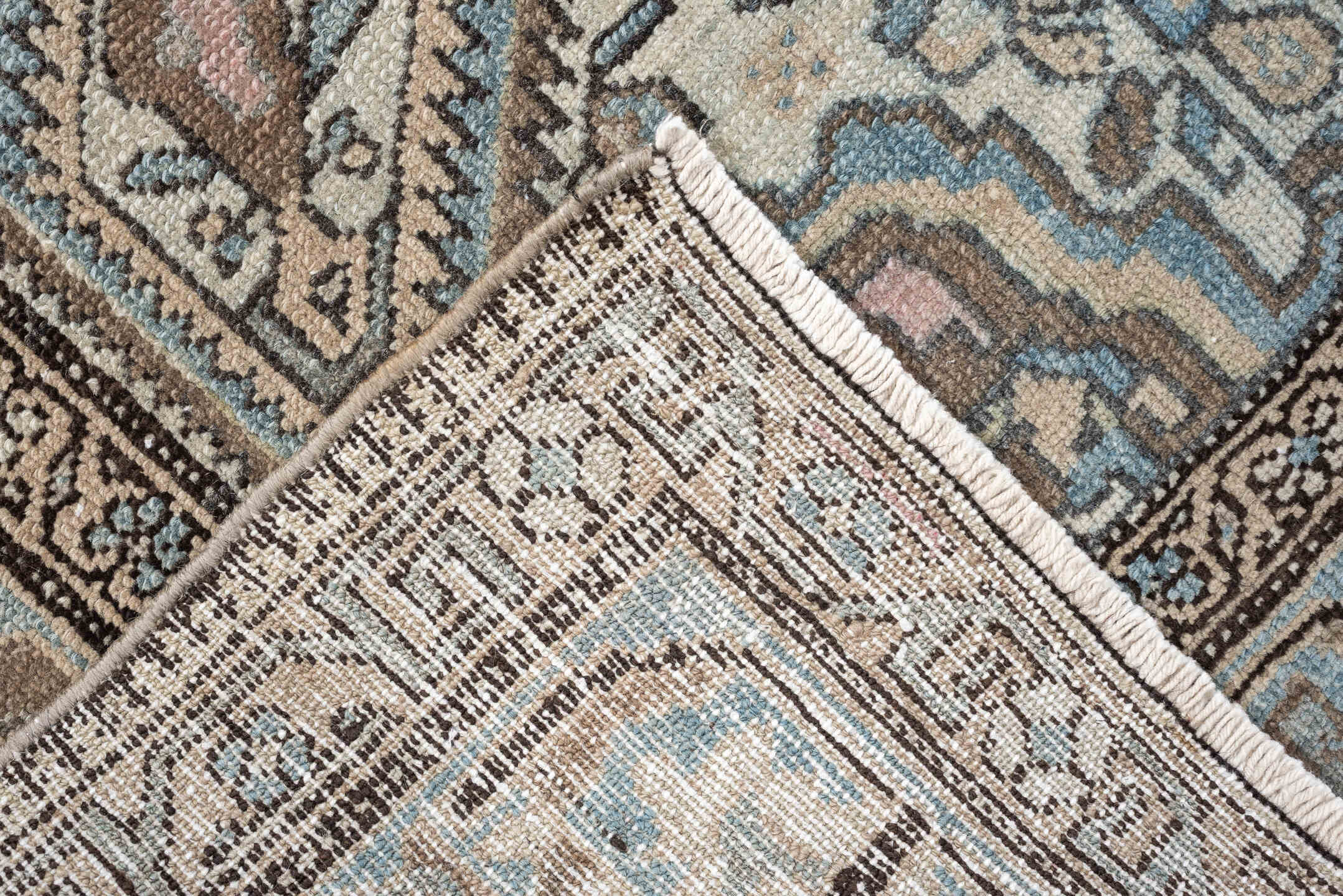 4' x 6' one-of-a-kind handmade antique Malayer rug. Color palette: charcoal, sky blue, ivory, taupe, blush, slate, camel