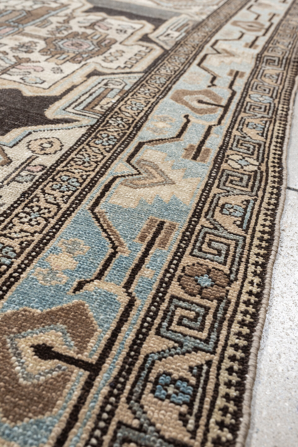 4' x 6' one-of-a-kind handmade antique Malayer rug. Color palette: charcoal, sky blue, ivory, taupe, blush, slate, camel