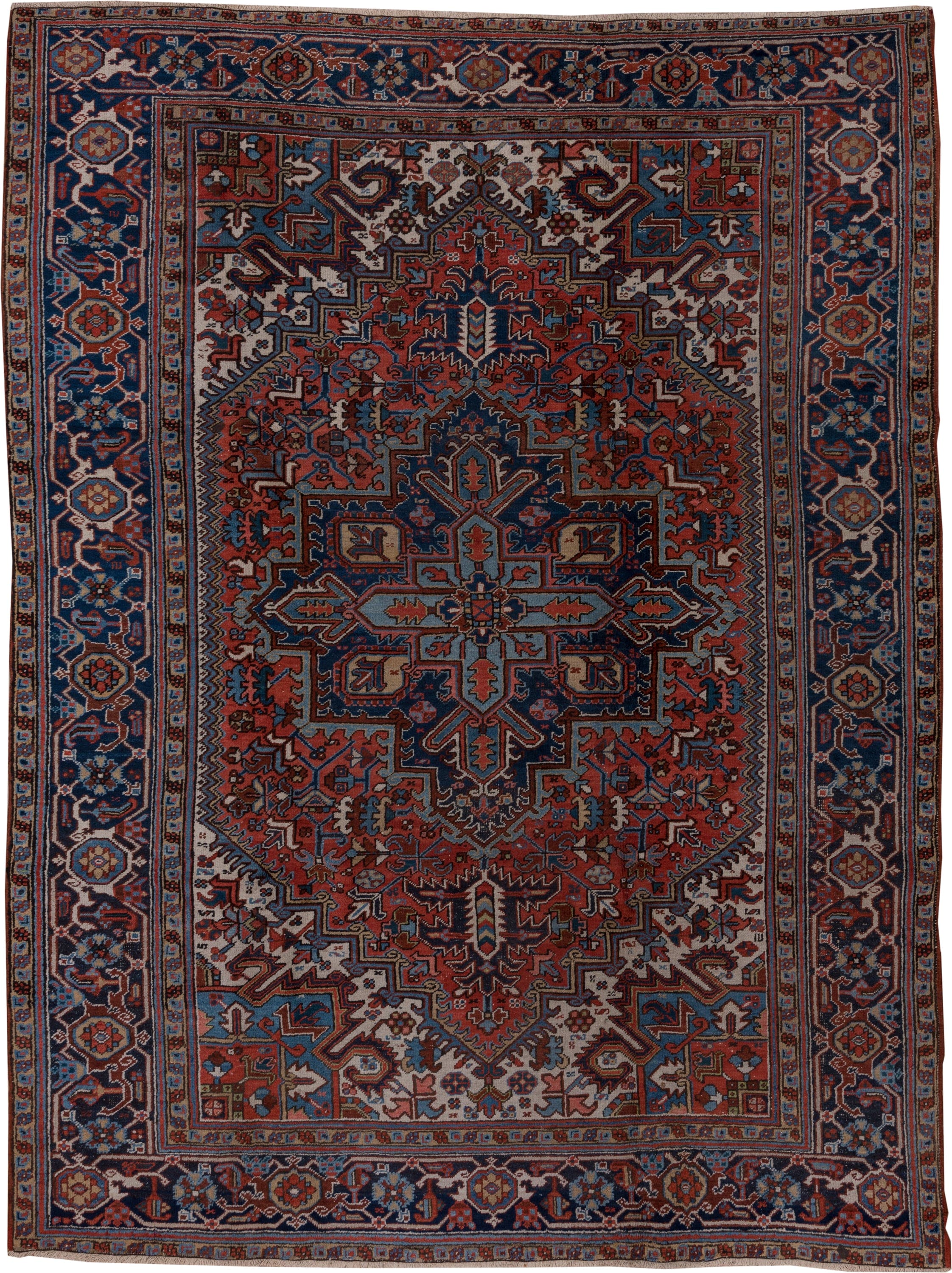 8' x 11' one-of-a-kind handmade antique Heriz large size rug. Color palette: rust, navy, ivory, sky blue, slate, camel