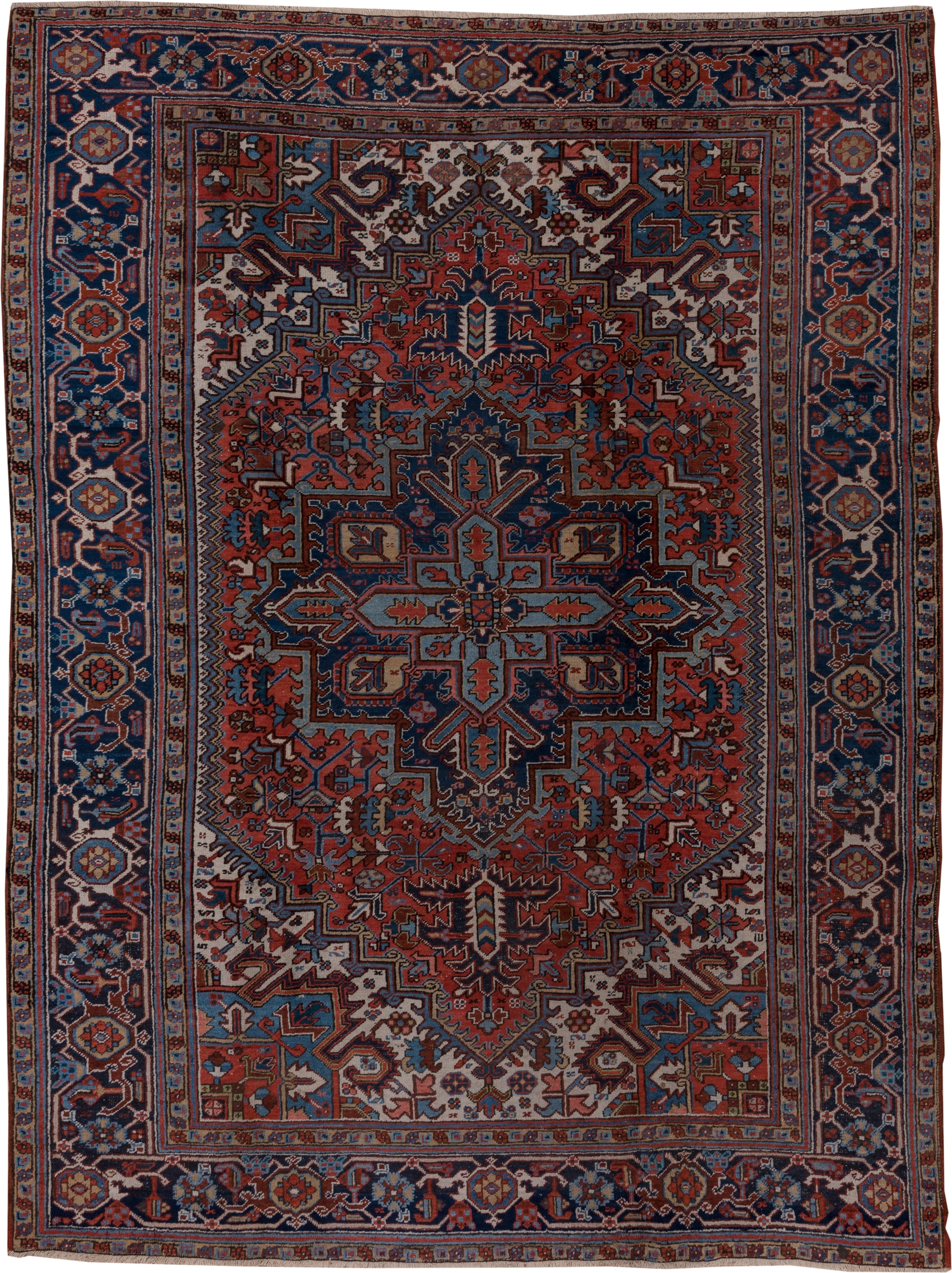 8' x 11' one-of-a-kind handmade antique Heriz large size rug. Color palette: rust, navy, ivory, sky blue, slate, camel