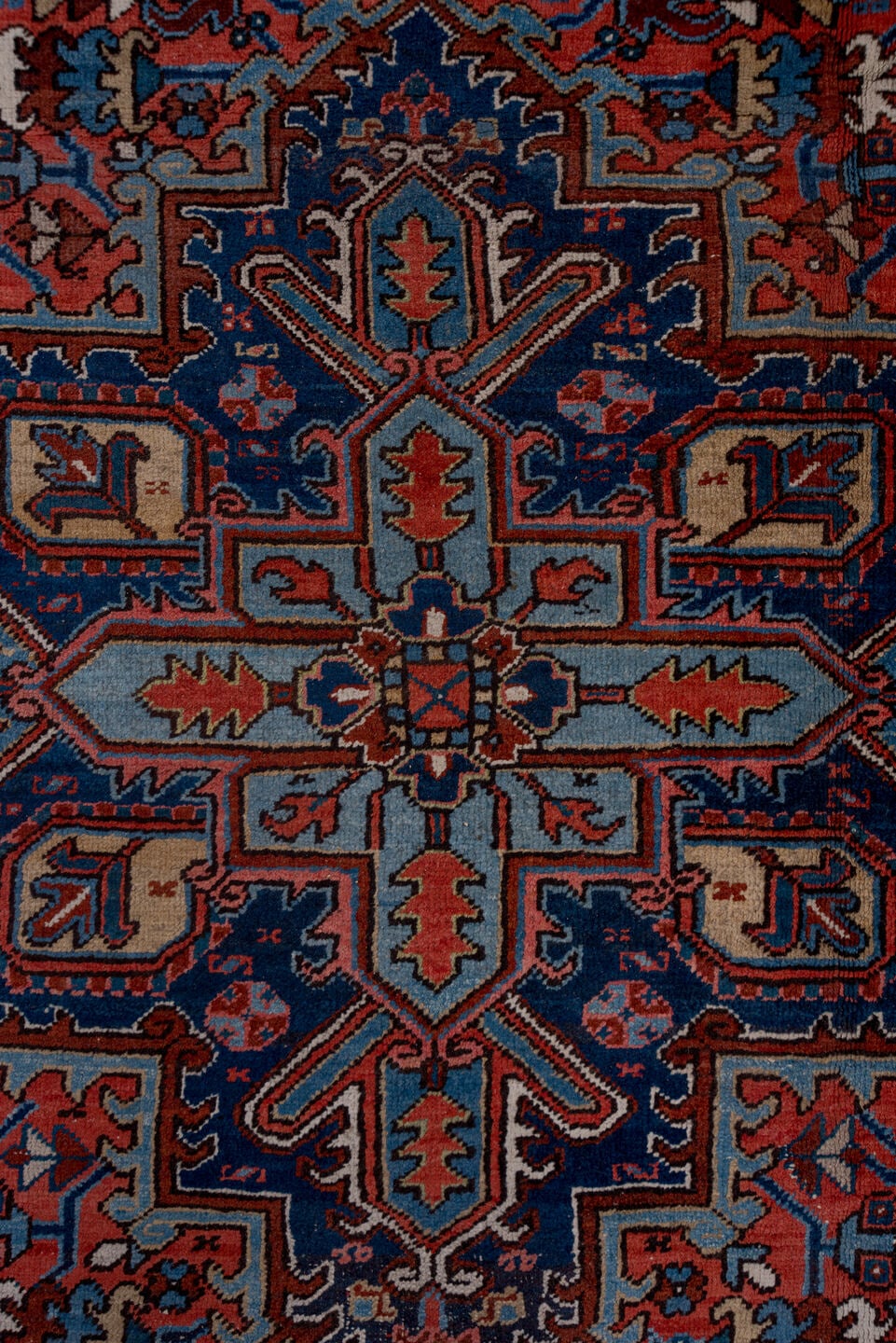 8' x 11' one-of-a-kind handmade antique Heriz large size rug. Color palette: rust, navy, ivory, sky blue, slate, camel