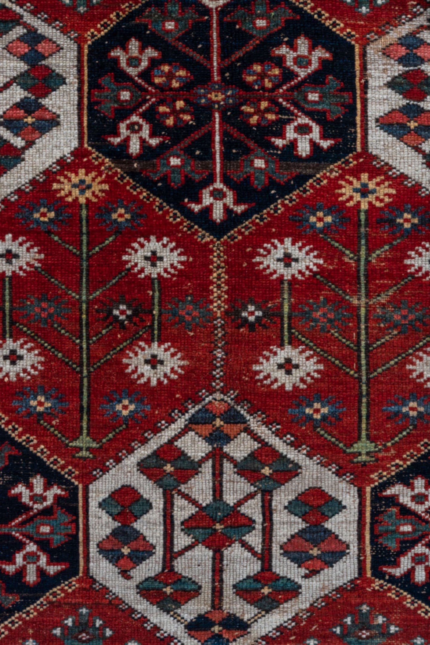 4' x 6' one-of-a-kind handmade antique Baktiary small size rug. Color palette: rust, ivory, navy, slate, burgundy, camel