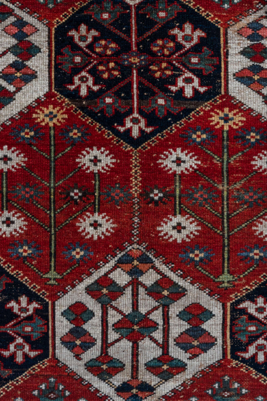 4' x 6' one-of-a-kind handmade antique Baktiary small size rug. Color palette: rust, ivory, navy, slate, burgundy, camel