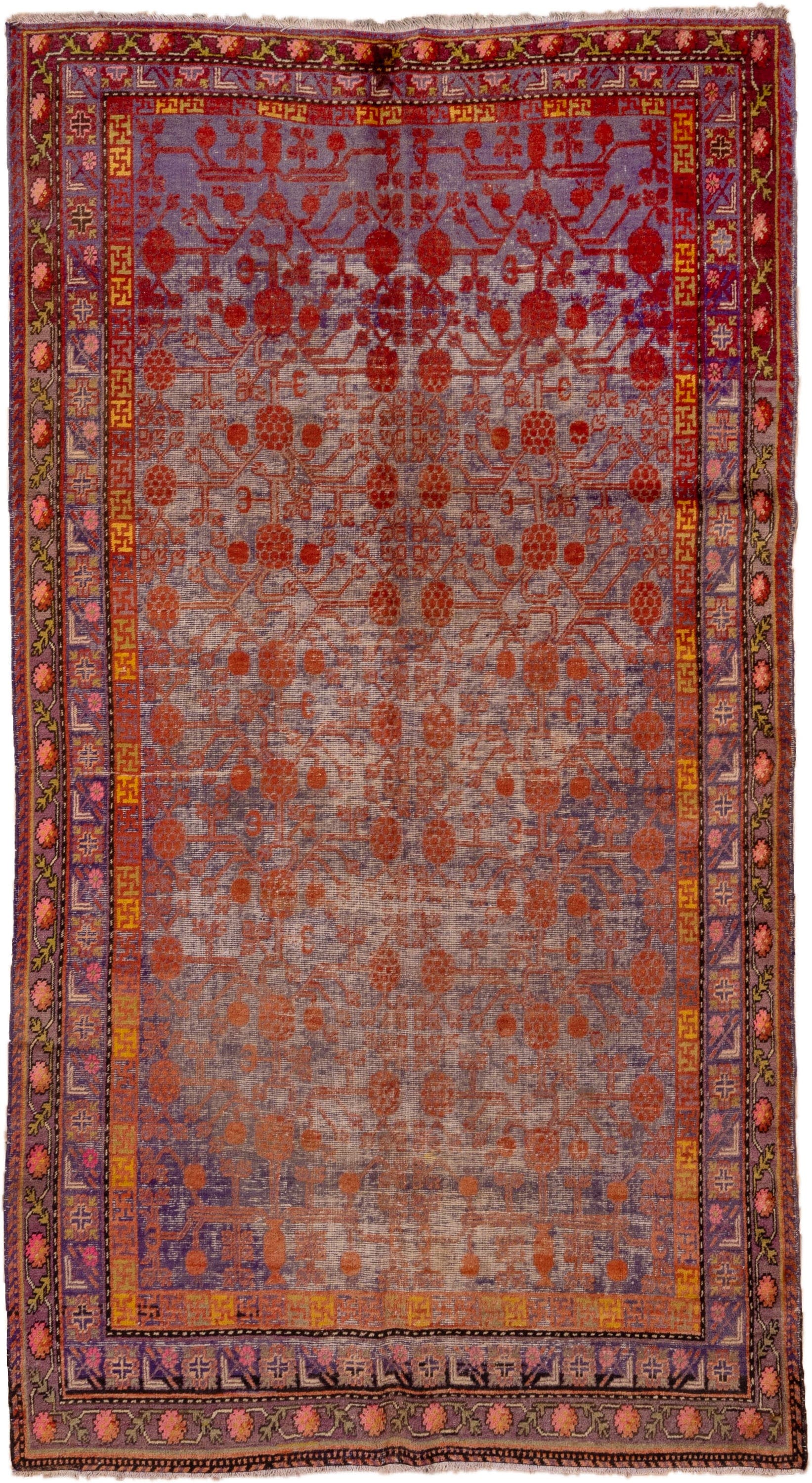 6' x 11' one-of-a-kind handmade antique Khotan large size rug. Color palette: lavender, rust, plum, gold, taupe, rose