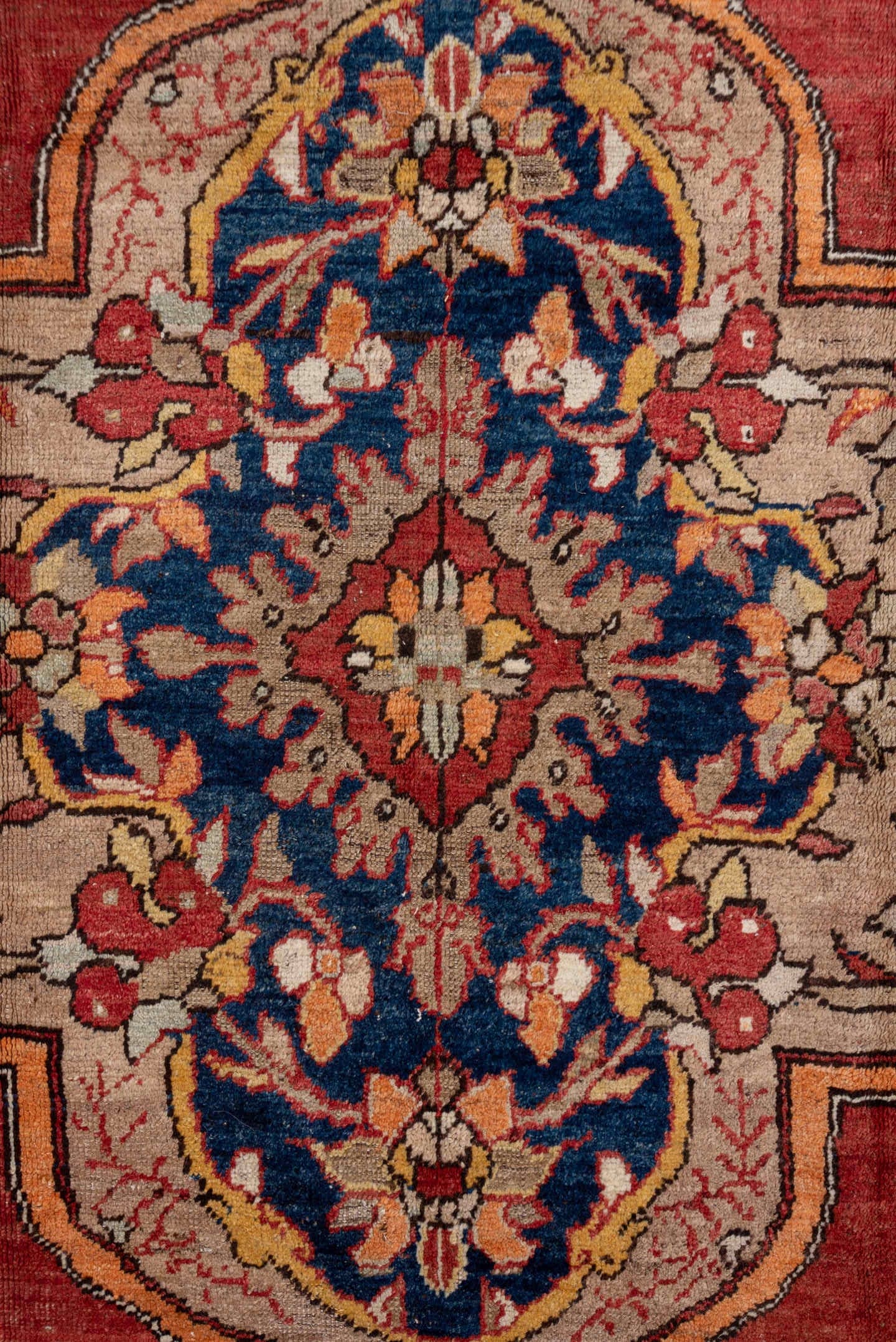 6' x 10' one-of-a-kind handmade vintage Oushak large size rug. Color palette: terra cotta, navy, ivory, burgundy, rose, gold