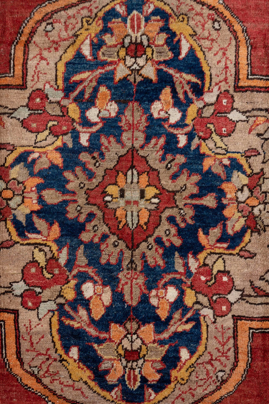 6' x 10' one-of-a-kind handmade vintage Oushak large size rug. Color palette: terra cotta, navy, ivory, burgundy, rose, gold