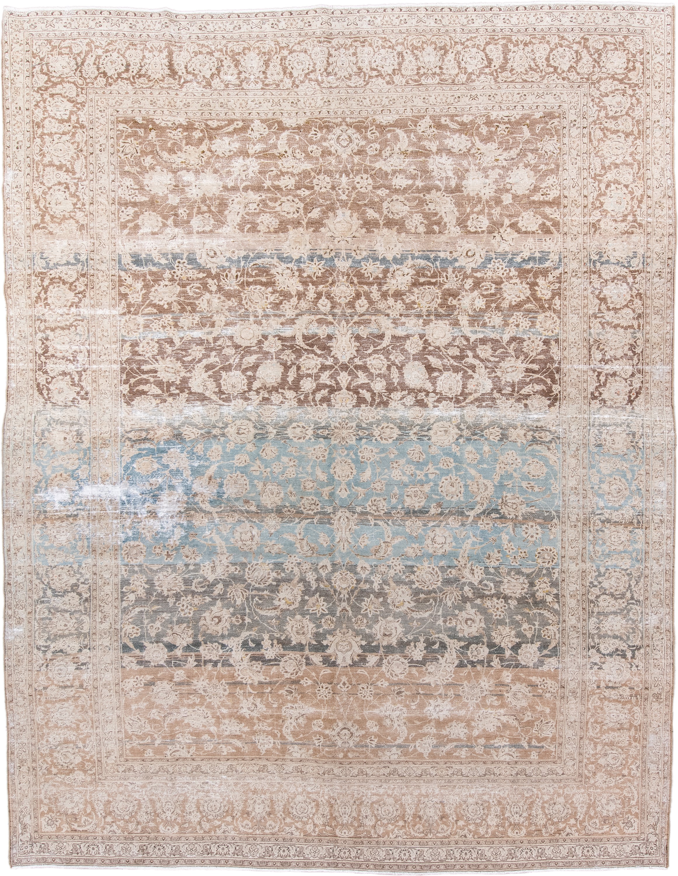 10' x 12' one-of-a-kind handmade vintage Kashan large size rug. Color palette: ivory, taupe, sky blue, gray, beige