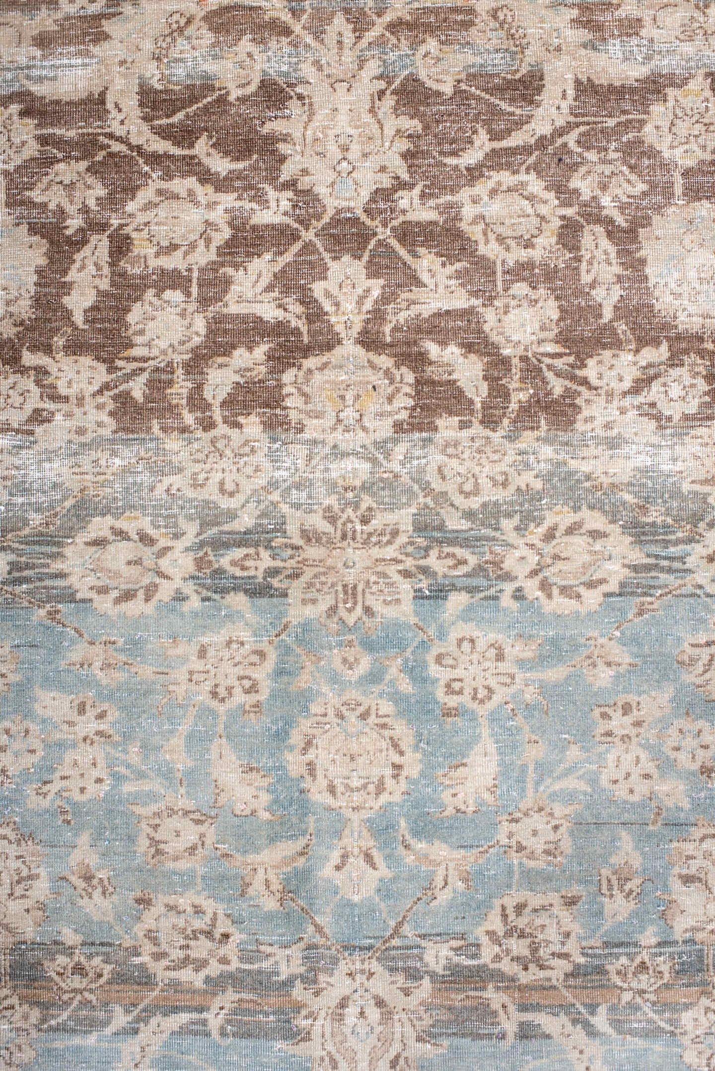 10' x 12' one-of-a-kind handmade vintage Kashan large size rug. Color palette: ivory, taupe, sky blue, gray, beige