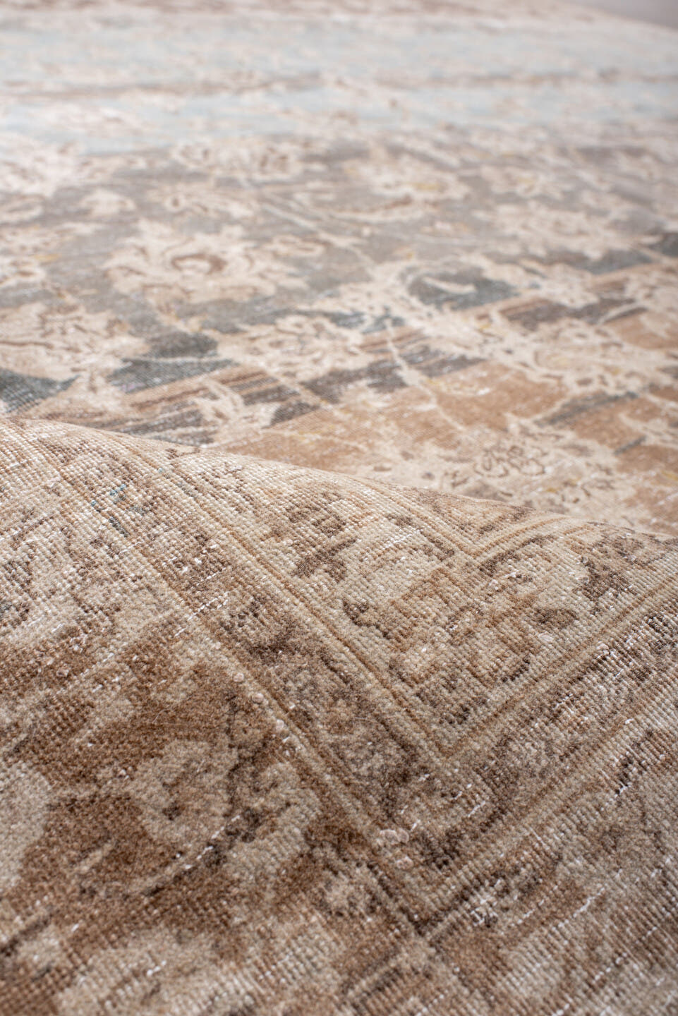 10' x 12' one-of-a-kind handmade vintage Kashan large size rug. Color palette: ivory, taupe, sky blue, gray, beige