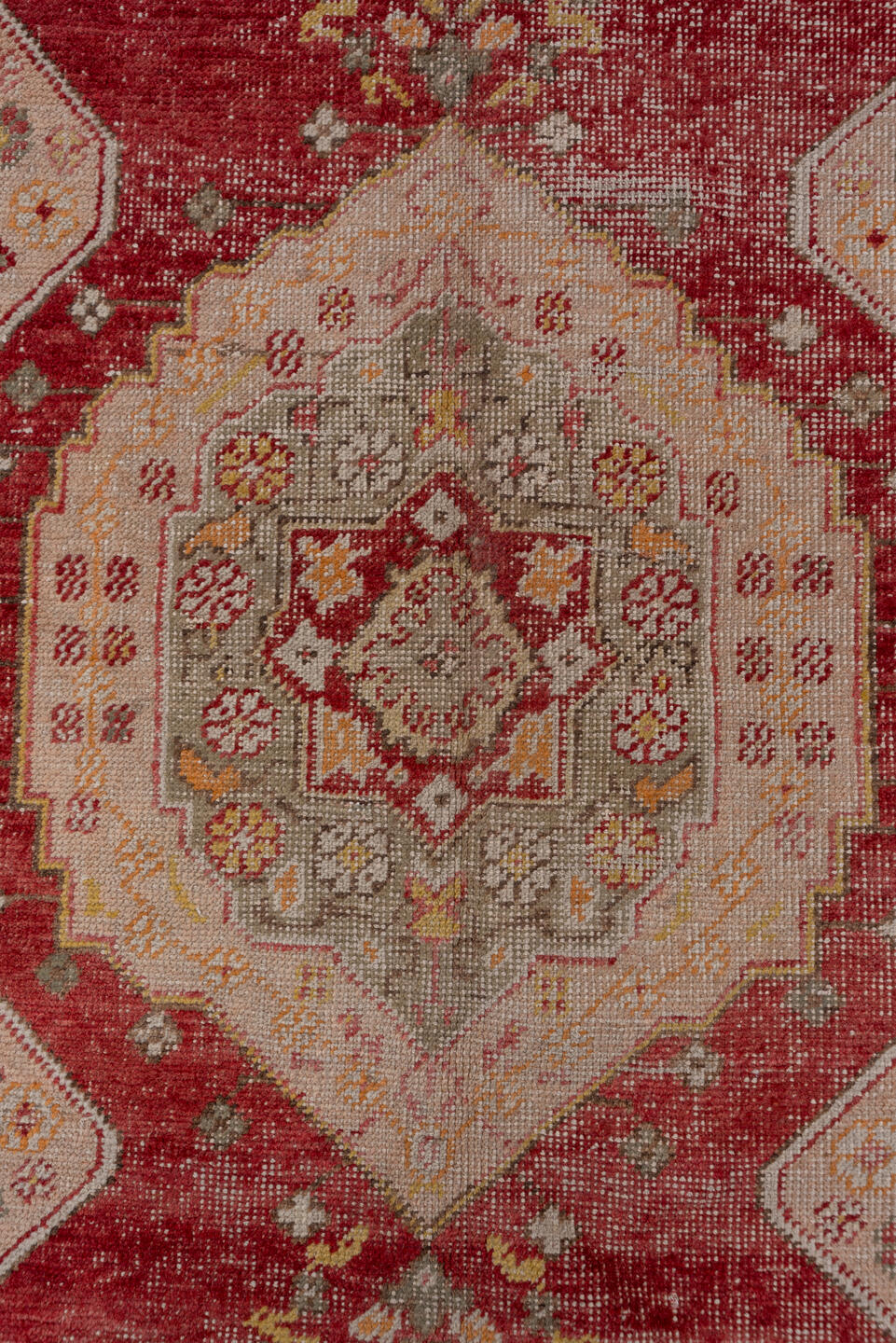 5' x 8' one-of-a-kind handmade vintage Oushak medium size rug. Color palette: rose, ivory, brown, taupe, gold, sage