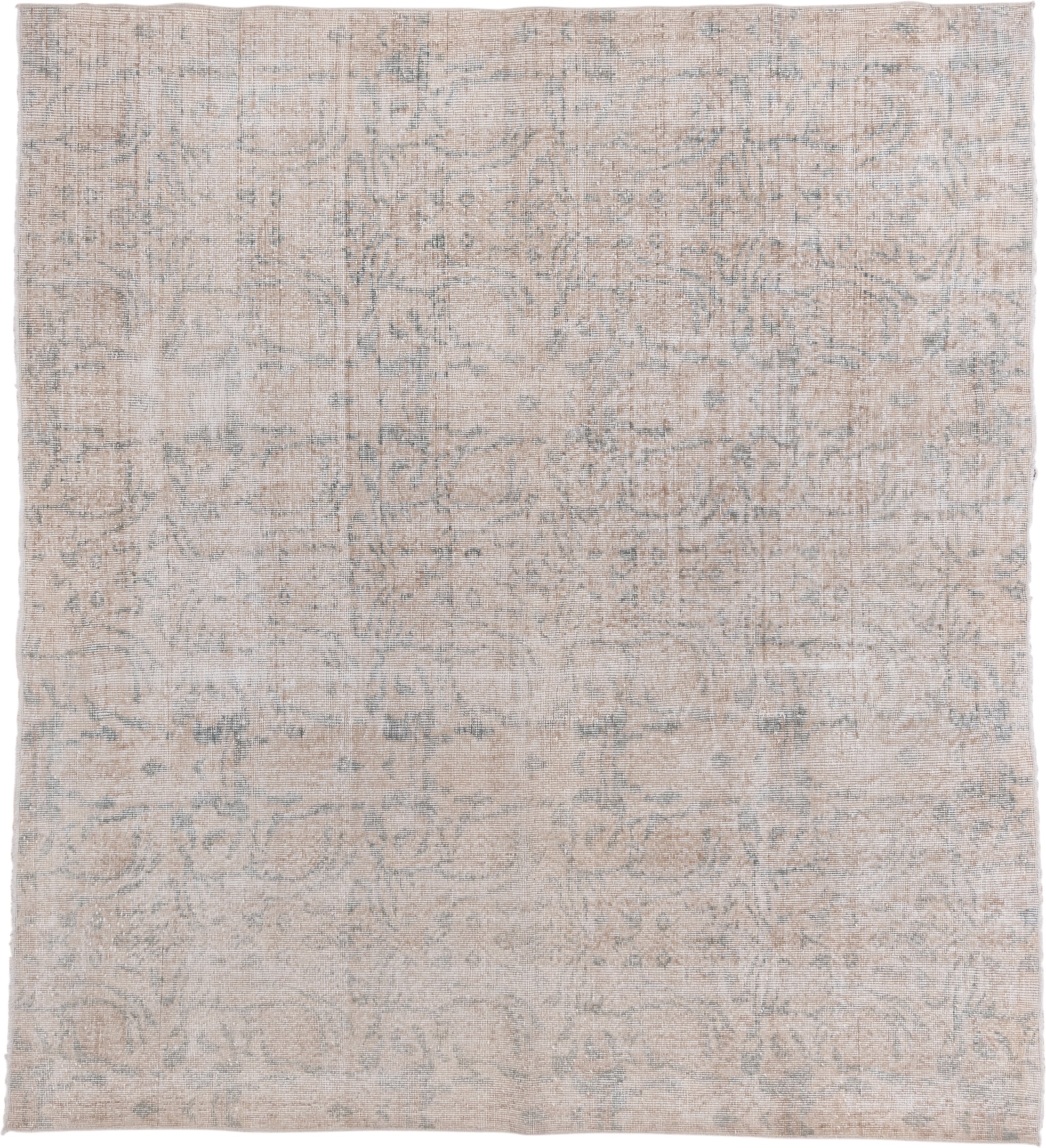 6' x 7' one-of-a-kind handmade vintage Oushak rug. Color palette: ivory, blush, pale blue, taupe, cream, pink, light blue