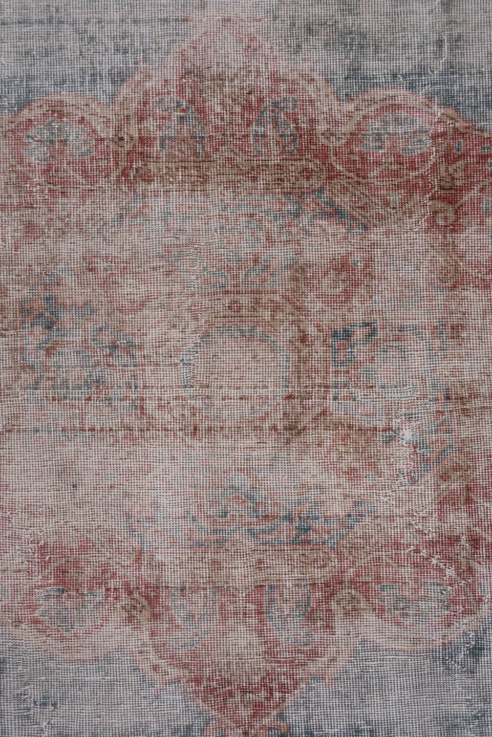 8' x 12' one-of-a-kind handmade vintage Oushak large size rug. Color palette: blue-gray, blush, rose, ivory, pale blue