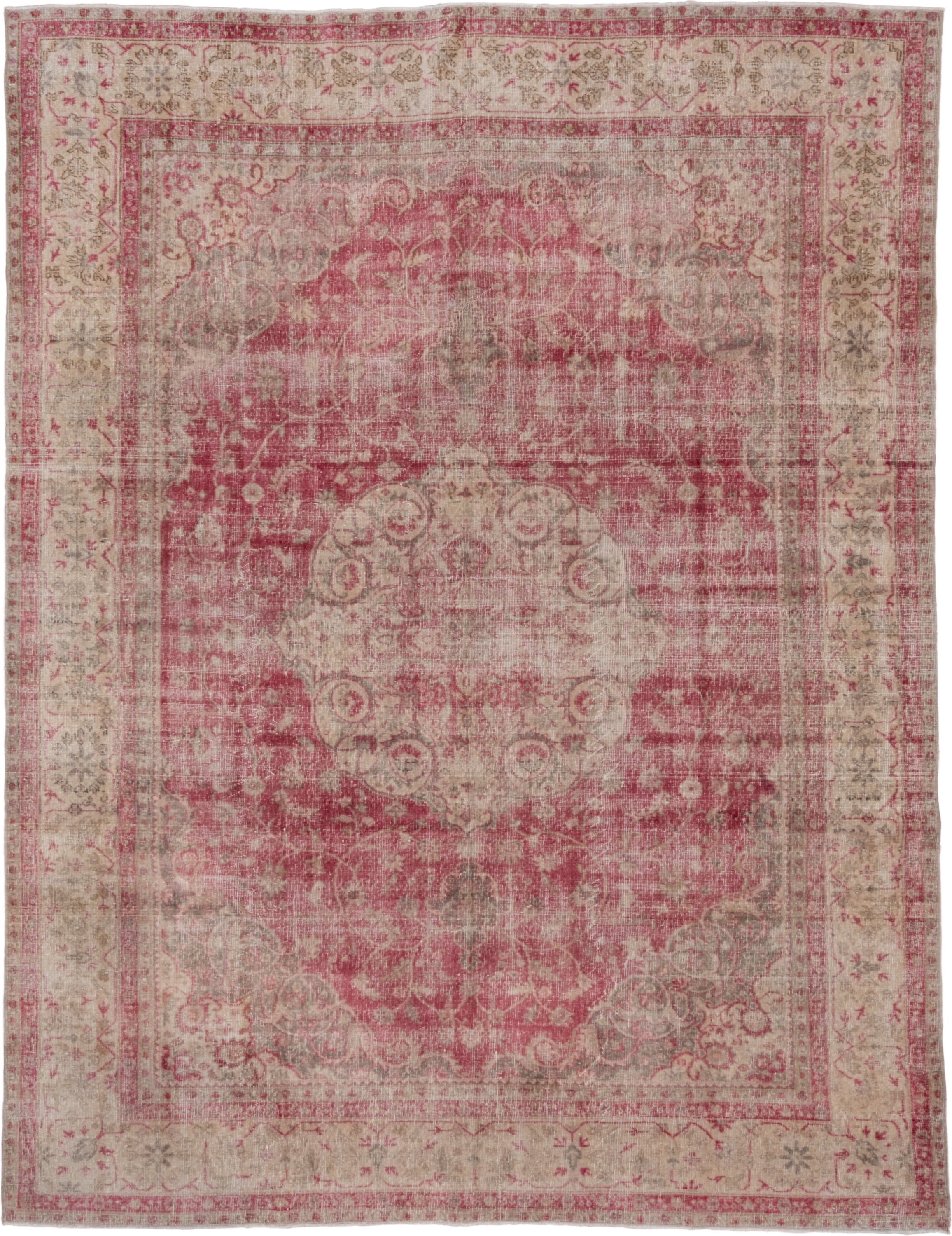 8' x 10' one-of-a-kind handmade vintage Oushak large size rug. Color palette: rose, ivory, taupe, dusty pink, beige