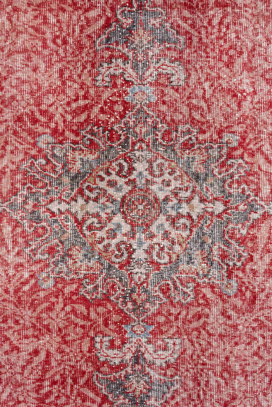 6' x 10' one-of-a-kind handmade vintage Oushak large size rug. Color palette: coral, ivory, pale blue, gray, rose, taupe