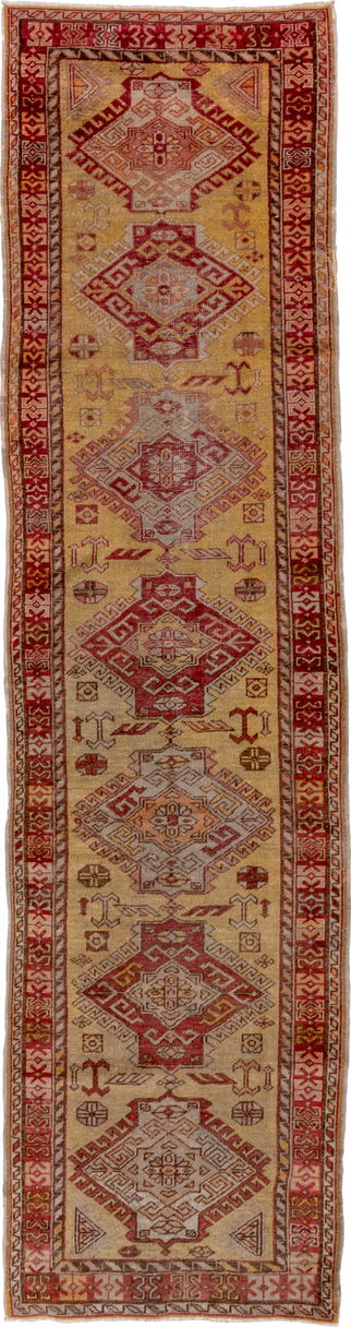 2' x 10' one-of-a-kind handmade vintage Oushak runner rug. Color palette: brown, off-white, pink, red, snow, white