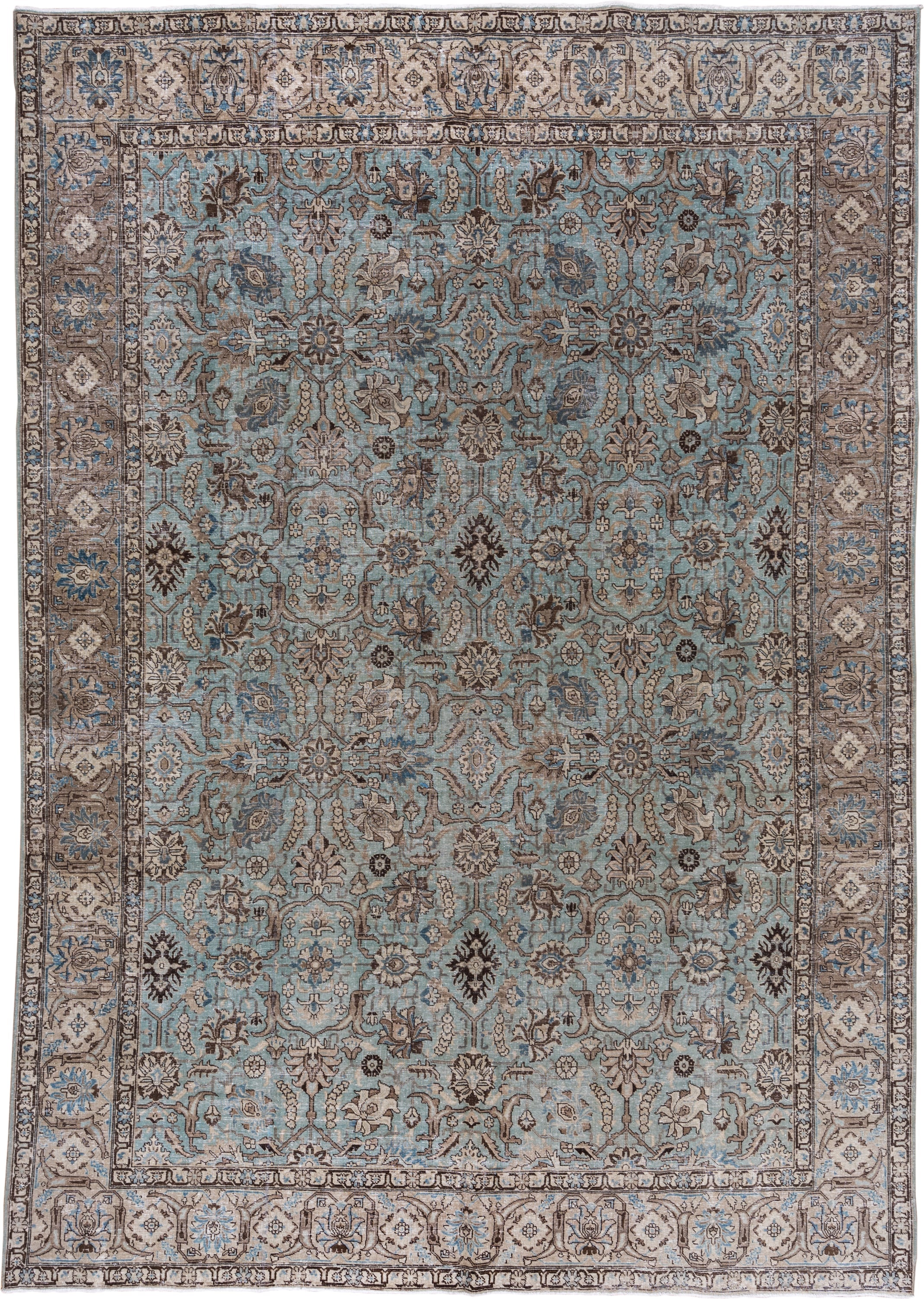 9' x 13' one-of-a-kind handmade vintage Tabriz large size rug. Color palette: light blue, taupe, ivory, brown, sky blue