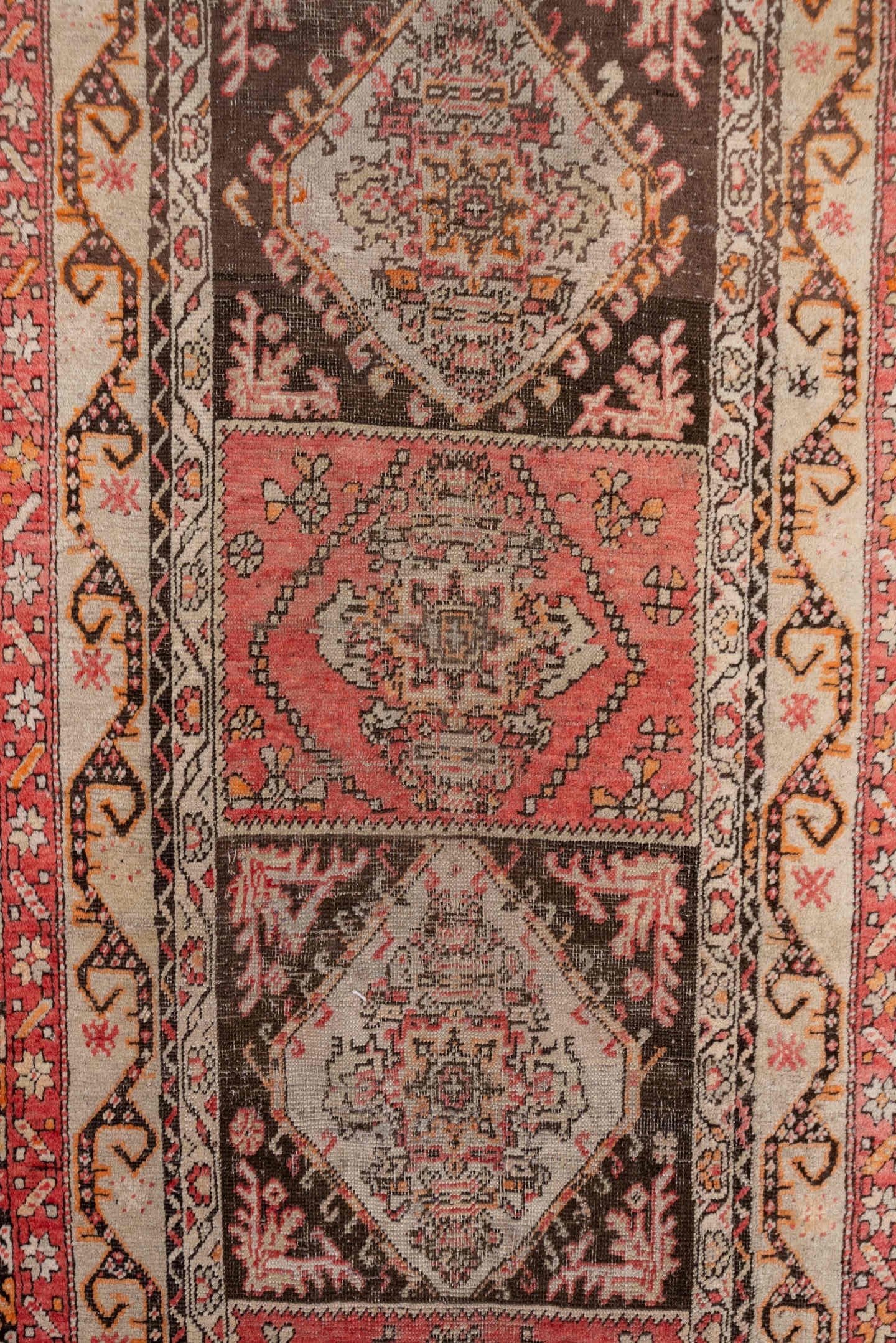 3' x 10' one-of-a-kind handmade antique Sivas runner rug. Color palette: rose, ivory, brown, rust, charcoal, taupe, coral