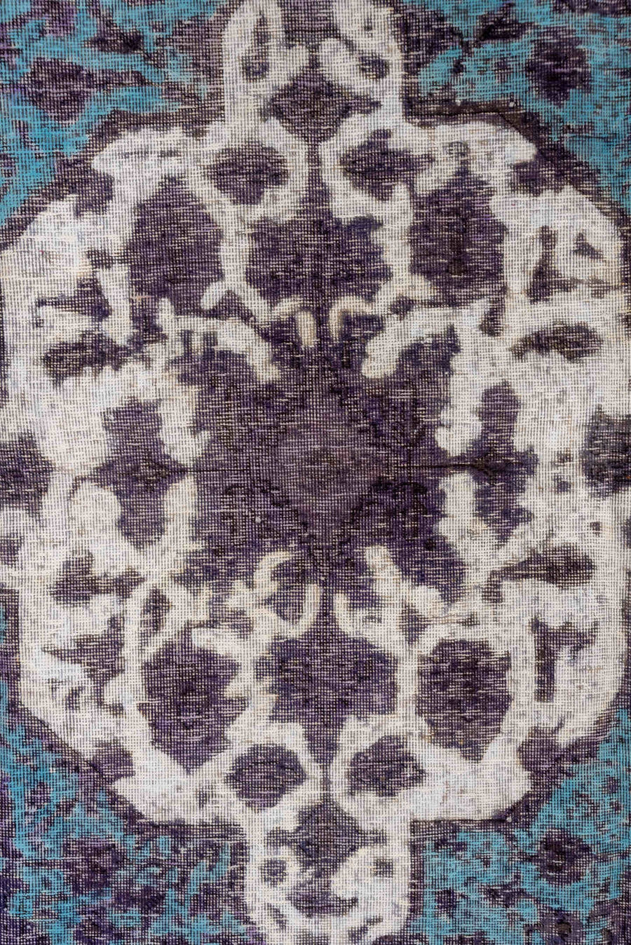 6' x 9' one-of-a-kind handmade vintage Overdyed medium size rug. Color palette: purple, turquoise, ivory, charcoal, teal