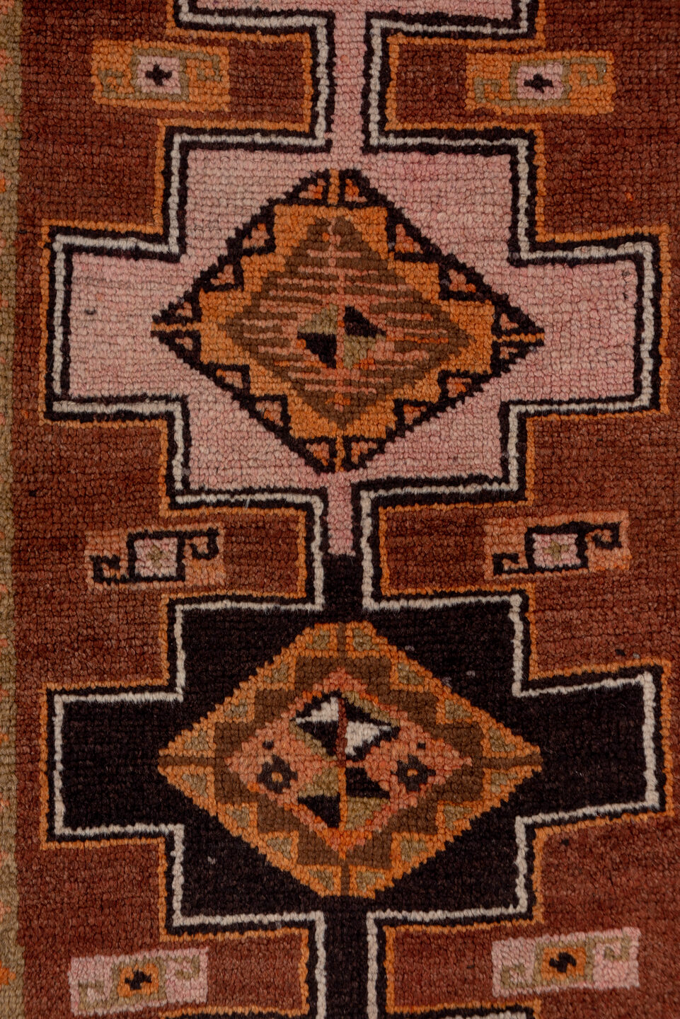 2' x 13' one-of-a-kind handmade vintage Kars runner rug. Color palette: brown, off-white, pink, snow, white, whitesmoke