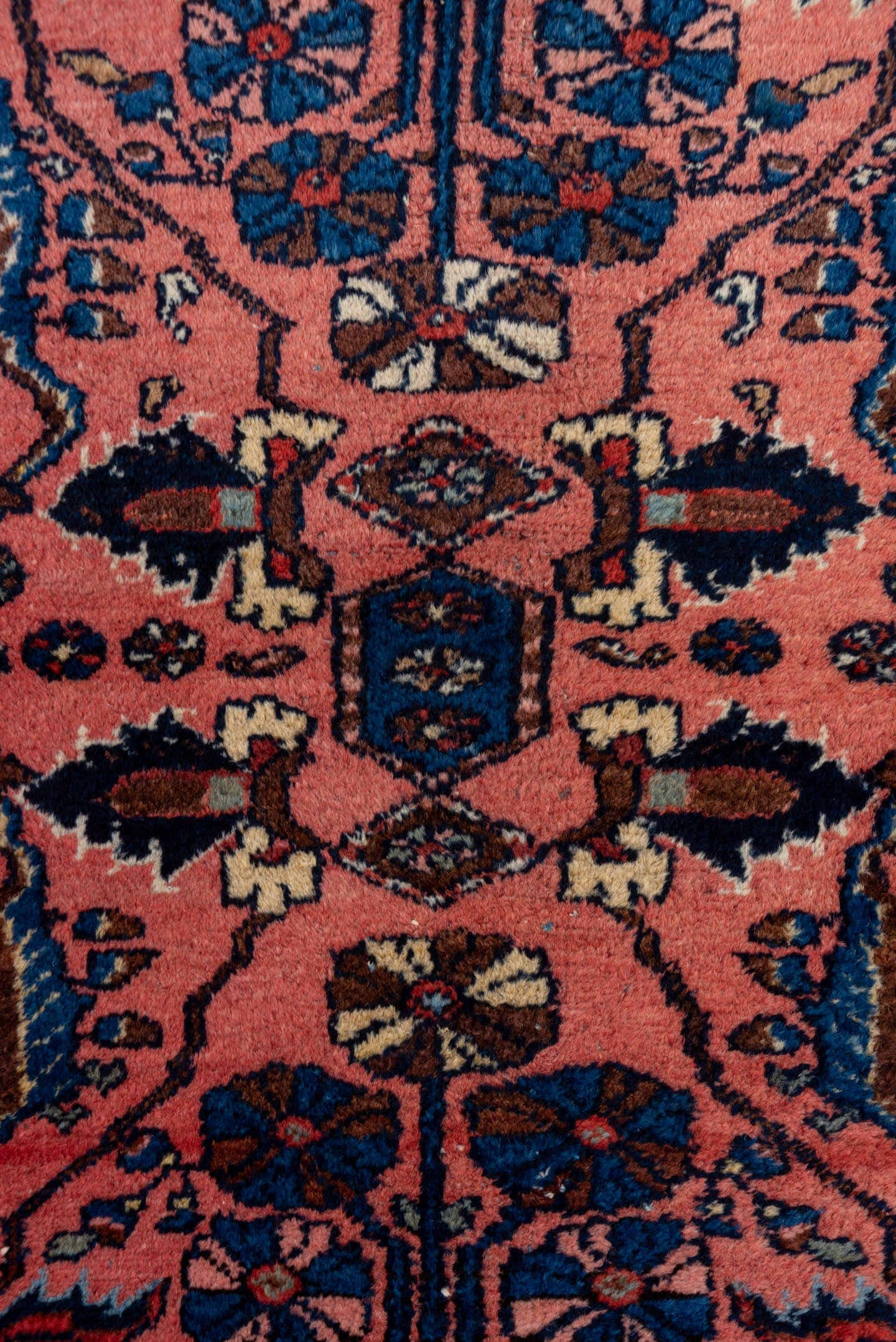 3' x 6' one-of-a-kind handmade vintage Lilian small size rug. Color palette: rose, navy, dusty pink, ivory, taupe, rust