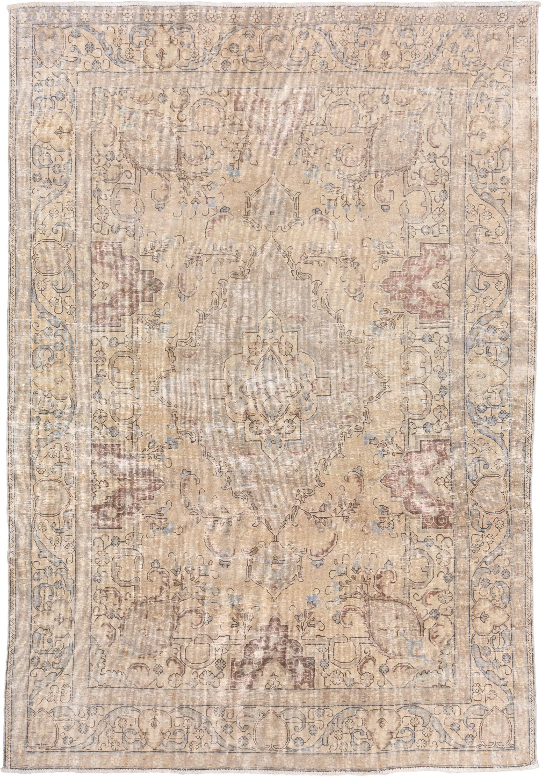 8' x 11' one-of-a-kind handmade vintage Tabriz large size rug. Color palette: ivory, beige, taupe, pale blue, dusty rose