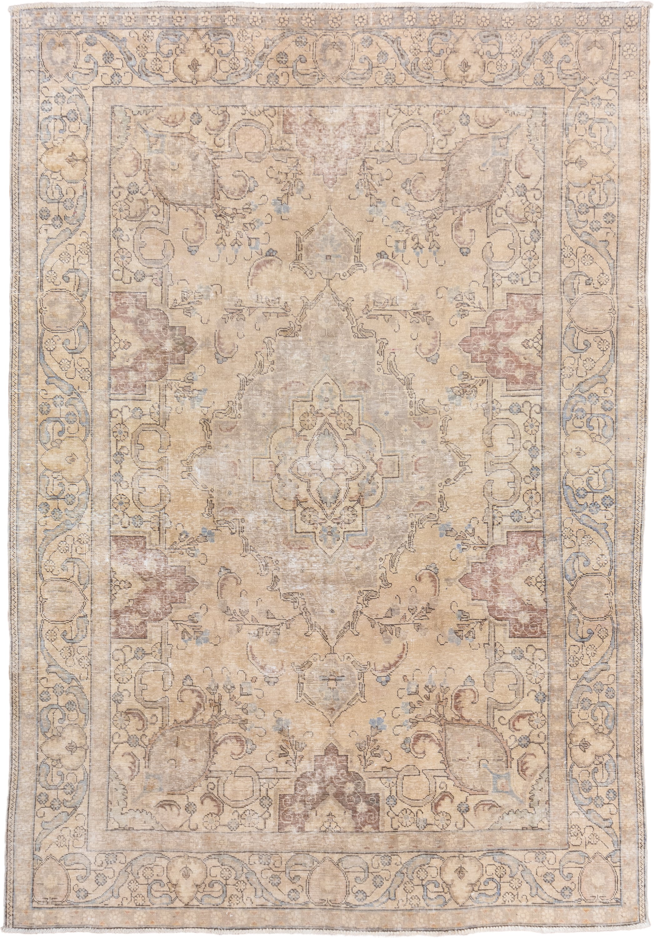8' x 11' one-of-a-kind handmade vintage Tabriz large size rug. Color palette: ivory, beige, taupe, pale blue, dusty rose