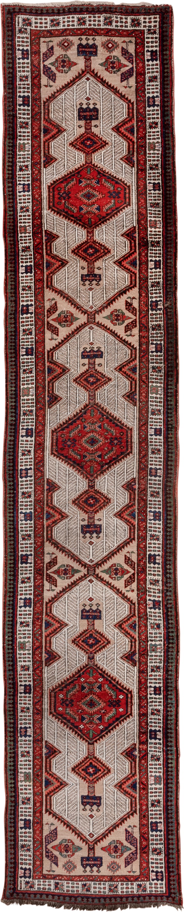 2' x 14' one-of-a-kind handmade vintage Sarab runner rug. Color palette: ivory, rust, navy, camel, crimson, charcoal