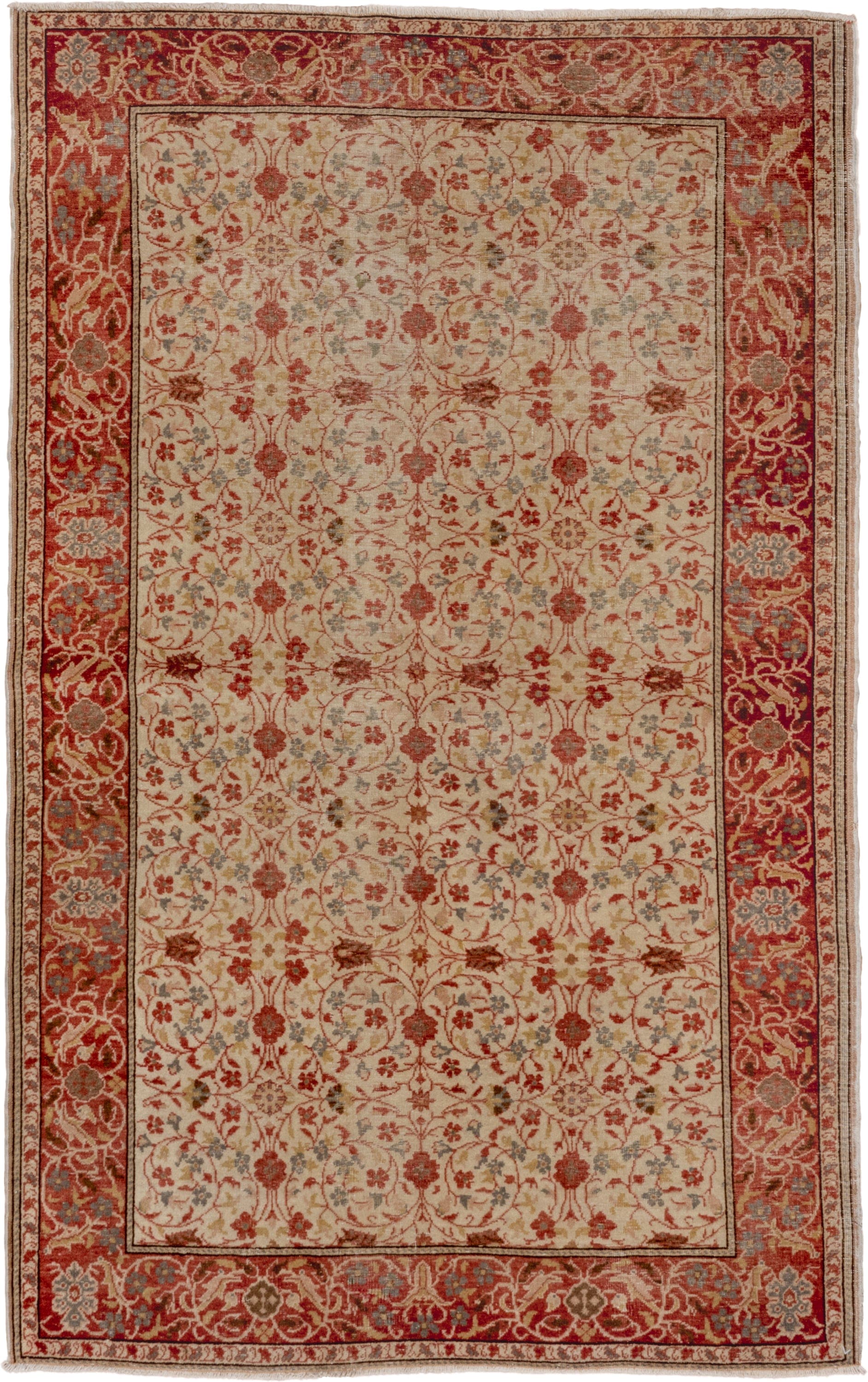 4' x 6' one-of-a-kind handmade vintage Kaisary small size rug. Color palette: ivory, rust, terracotta, sage, slate, beige