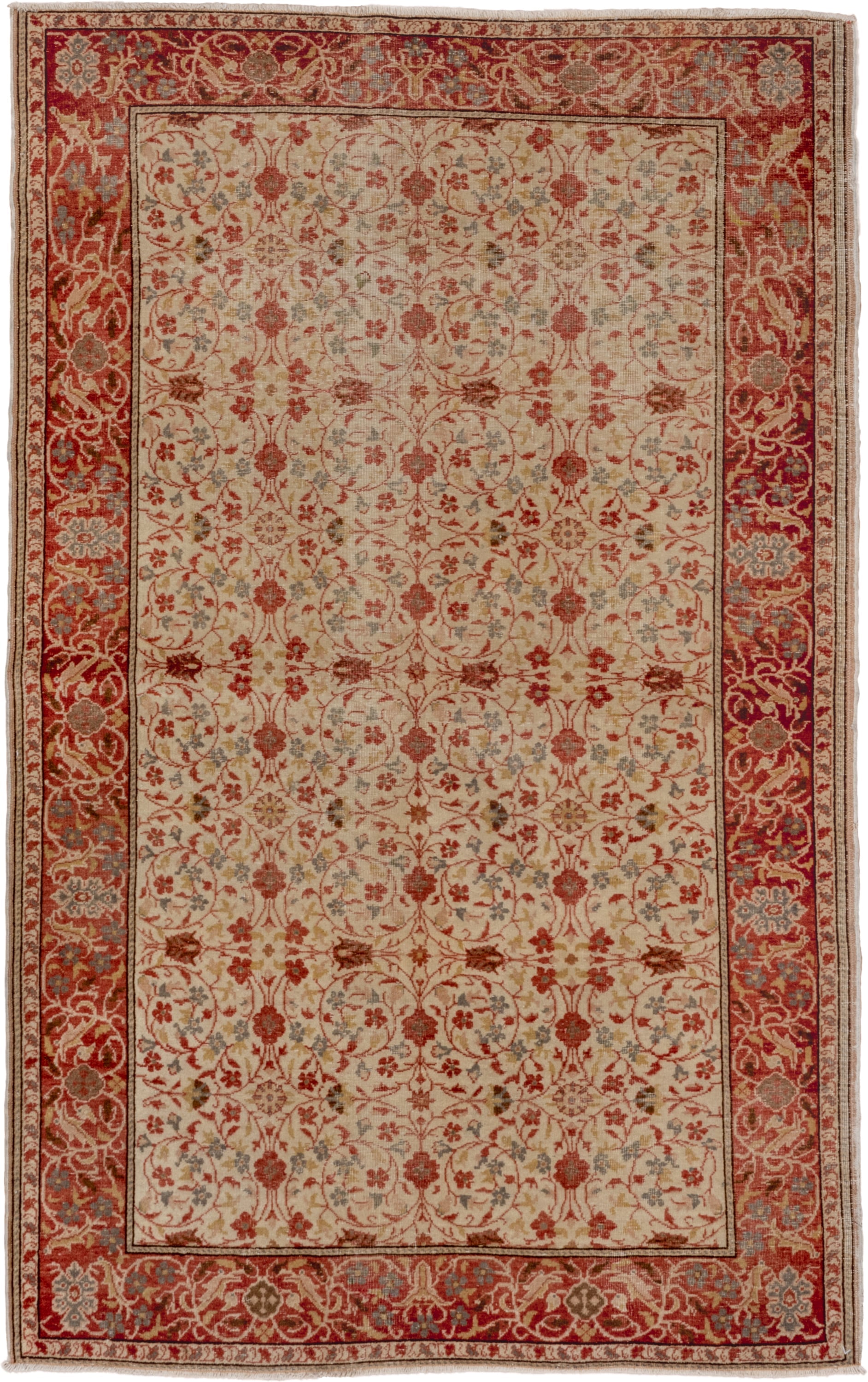 4' x 6' one-of-a-kind handmade vintage Kaisary small size rug. Color palette: ivory, rust, terracotta, sage, slate, beige