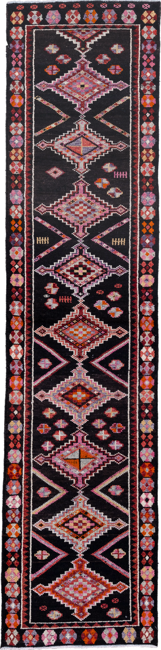 3' x 12' one-of-a-kind handmade vintage Oushak runner rug. Color palette: black, brown, gray, indian red, light gray