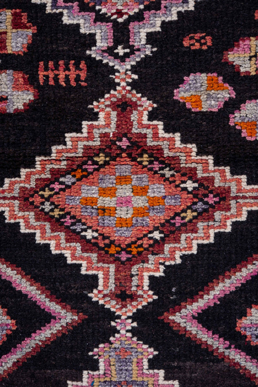 3' x 12' one-of-a-kind handmade vintage Oushak runner rug. Color palette: charcoal, rose, ivory, rust, lavender, crimson