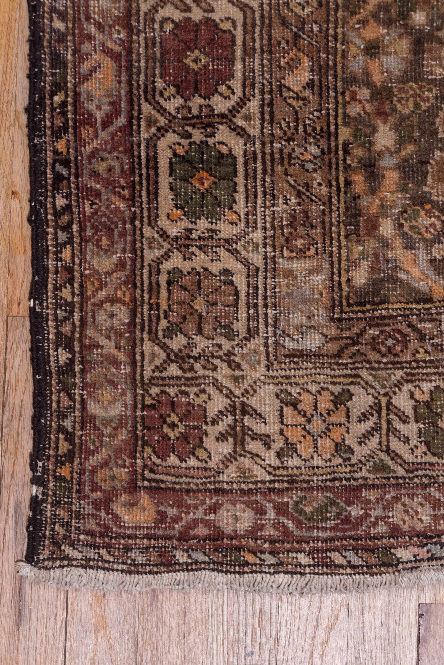 2' x 13' one-of-a-kind handmade vintage Sarab runner rug. Color palette: brown, taupe, charcoal, rust, ivory, slate, camel